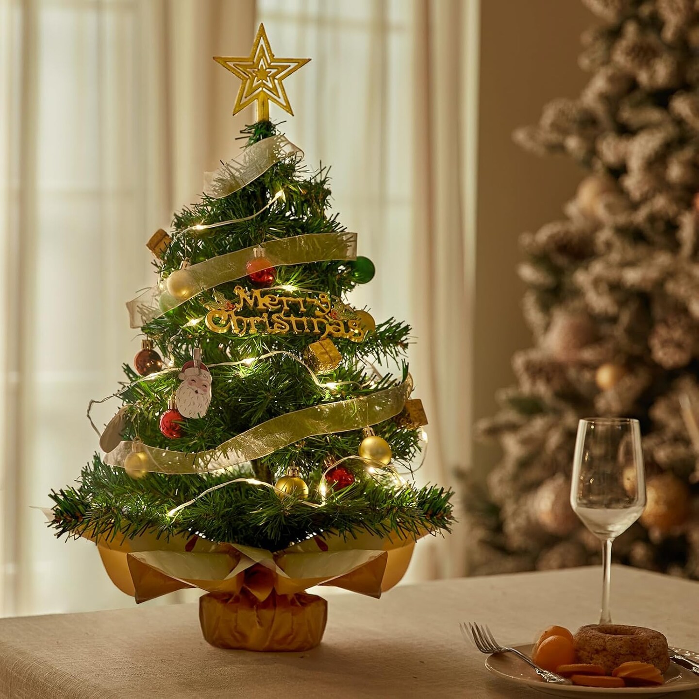 Small Mini Table top Christmas Tree with 50 LED Lights (Green) 18"D x 4"W x 4"H