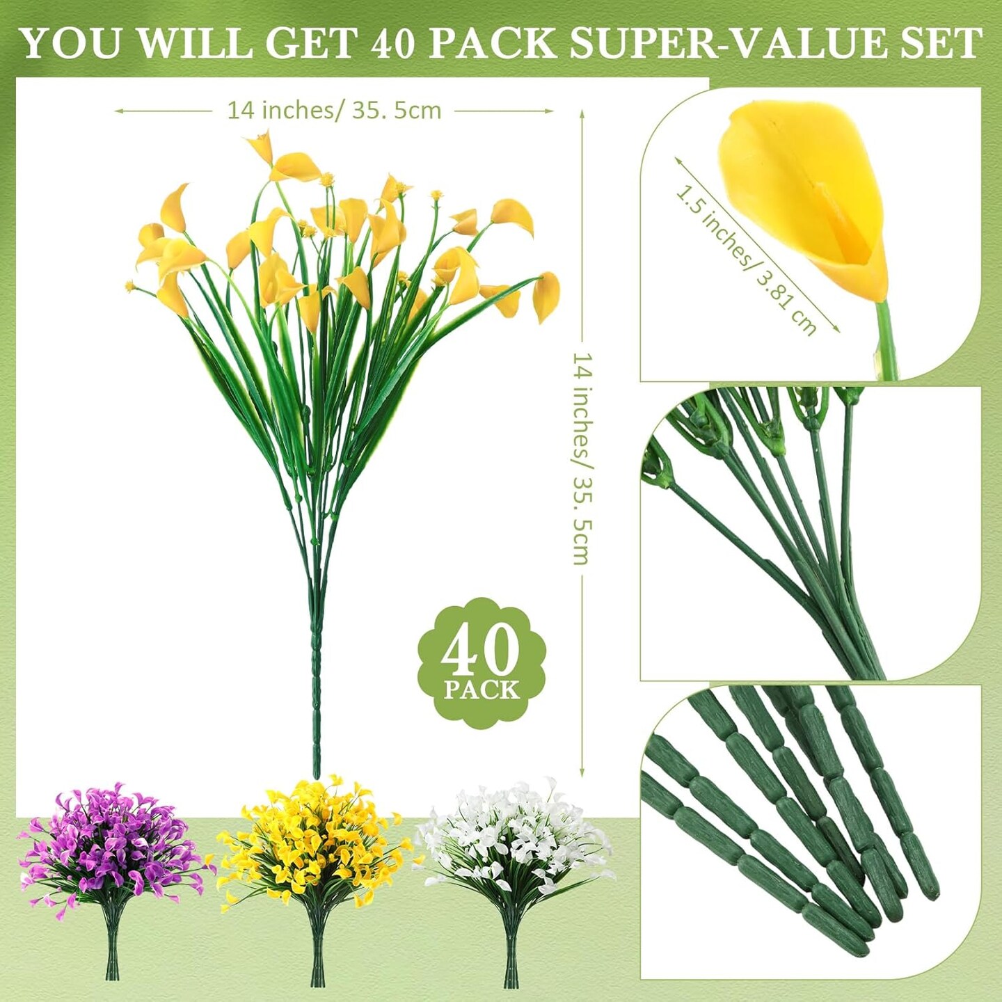 40 Bundles Artificial Calla Lily Flowers 14 Inch Plastic UV Resistant Fake Flowers for Outdoors Faux Plants for Home Garden Yard Table Porch Window Box Planter Wedding Party Decor(Yellow)