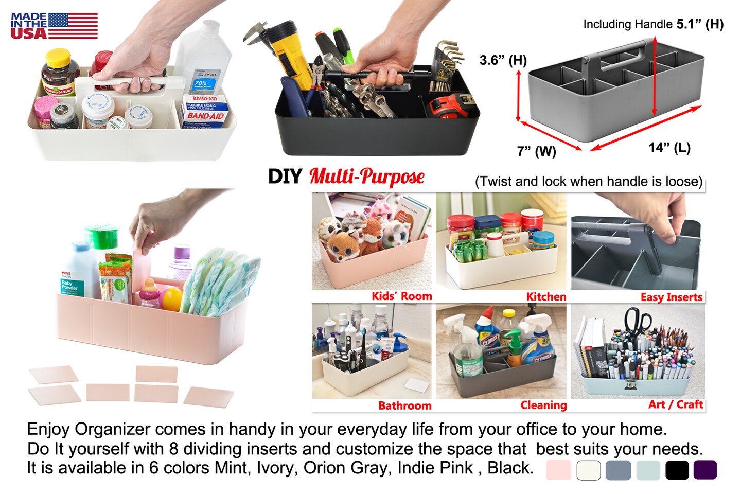 Enjoy Organizer 2 Pack Portable Caddy Organizer With Handle 8 Compartment DIY Stackable Art Marker Supply Plastic Caddy Made In USA