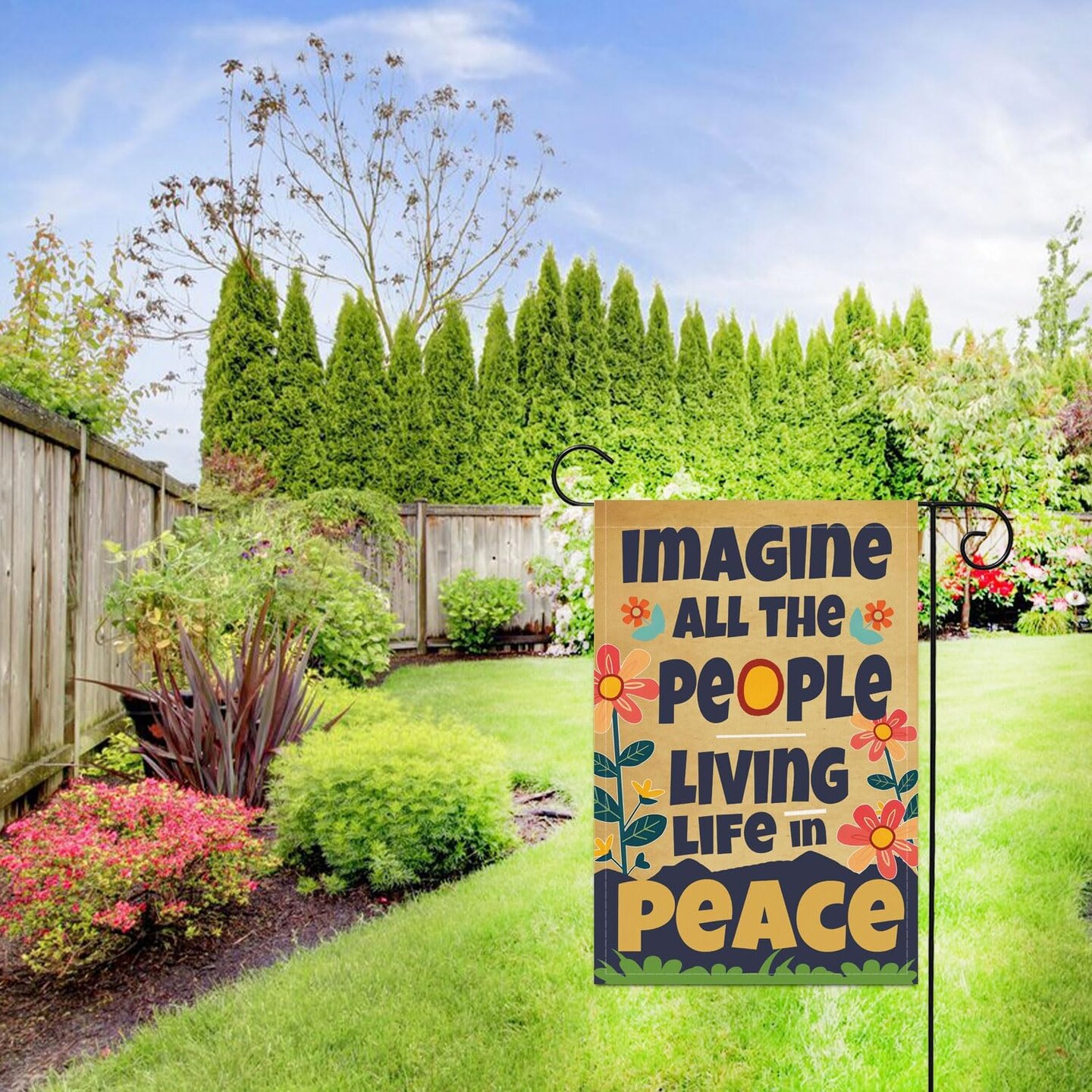 Garden Flag Imagine All the People Living Life in Peace Spring Summer Autumn Flag Double Sided Polyester Vertical Colorful Garden Yard Flags Outside Decor