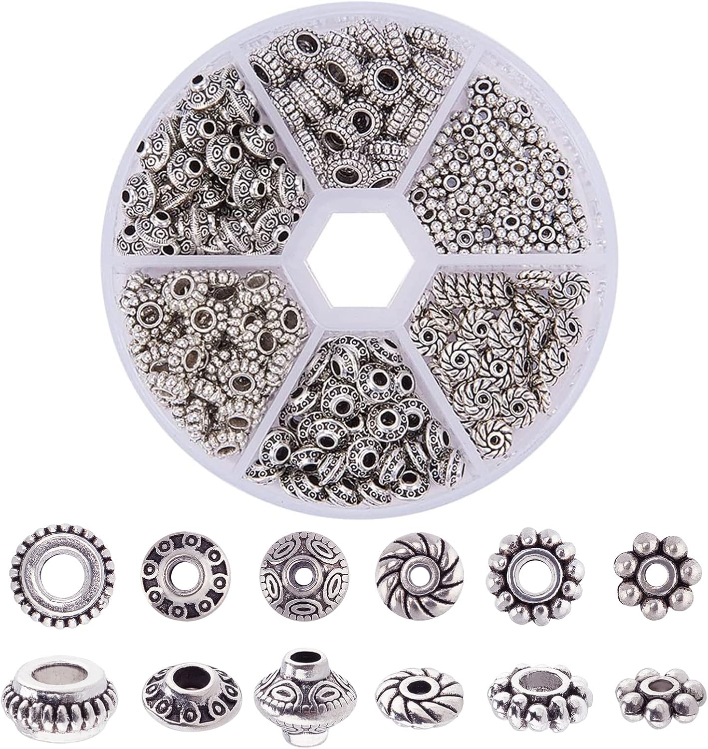 300pcs 6 Style Antique Silver Spacer Beads, Tibetan Metal Alloy Tube Spacers Flower Flat Rondelle Small Loose Beads