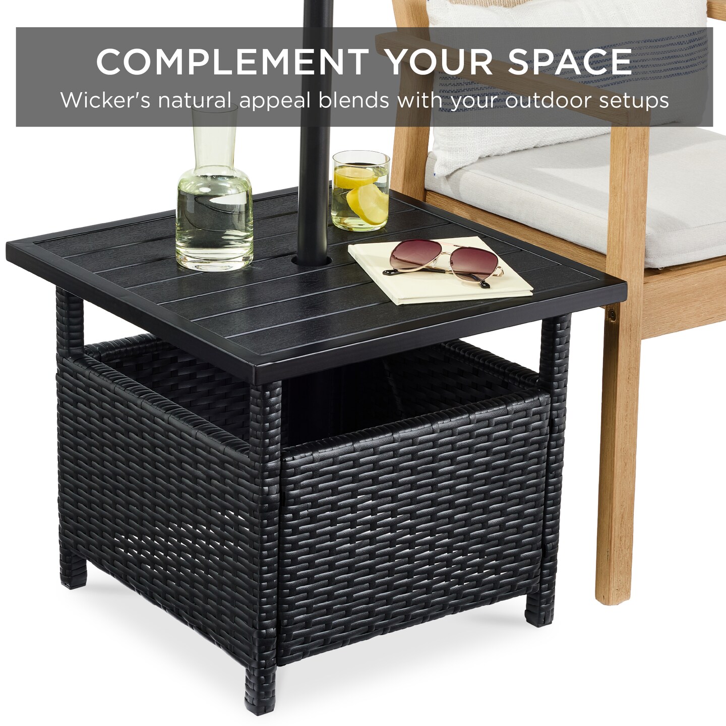 Best Choice Products Wicker Rattan Patio Side Table Outdoor Furniture for Garden, Pool, Deck w/ Umbrella Hole