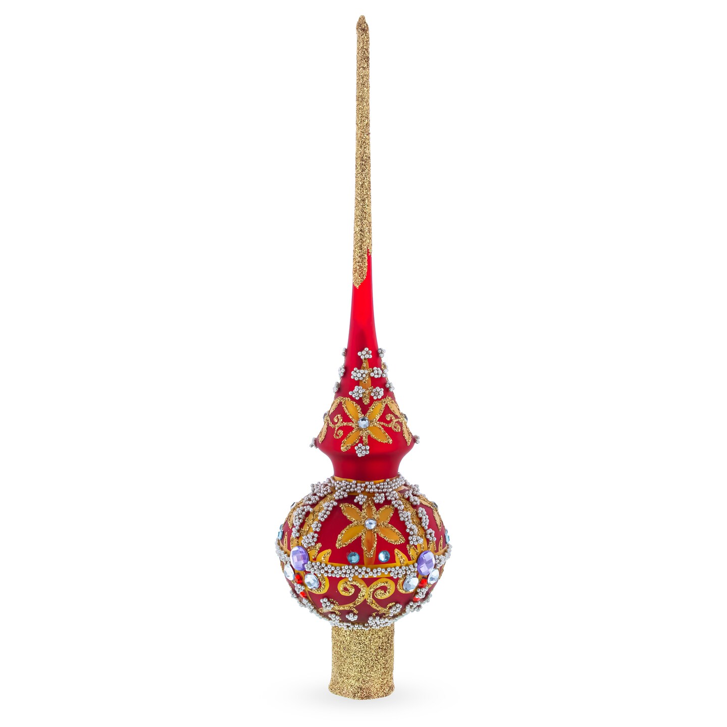 Baroque Style Red & Gold Jeweled Finial Glass Christmas Tree Topper 11 Inches