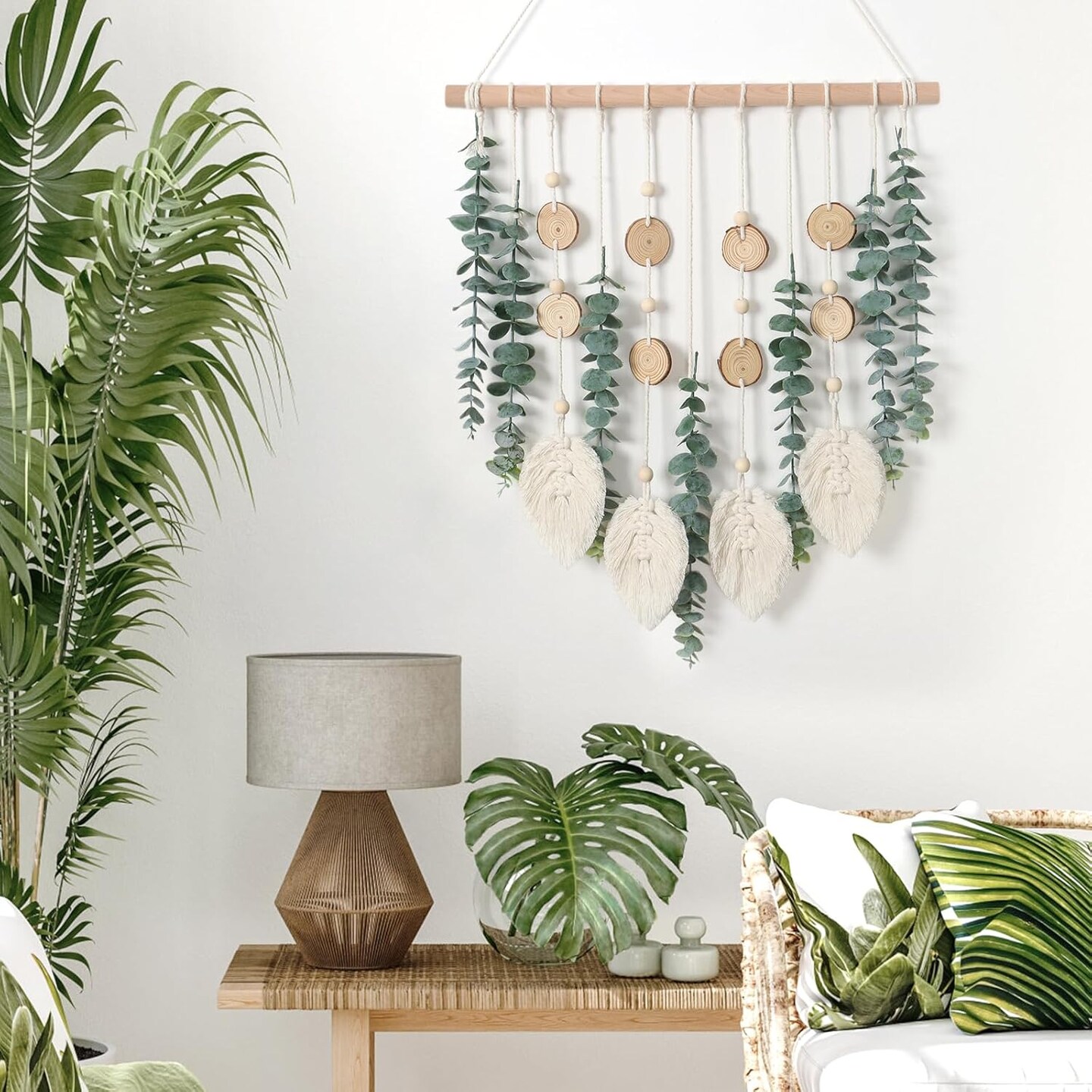 Artificial Eucalyptus Wall Hanging Faux Greenery Decor with Fake Eucalyptus Stems Plants Wooden Stick Macrame Leaves Boho Chic Bohemian Home Wall Art for Nursery Living Room Bedroom Bathroom