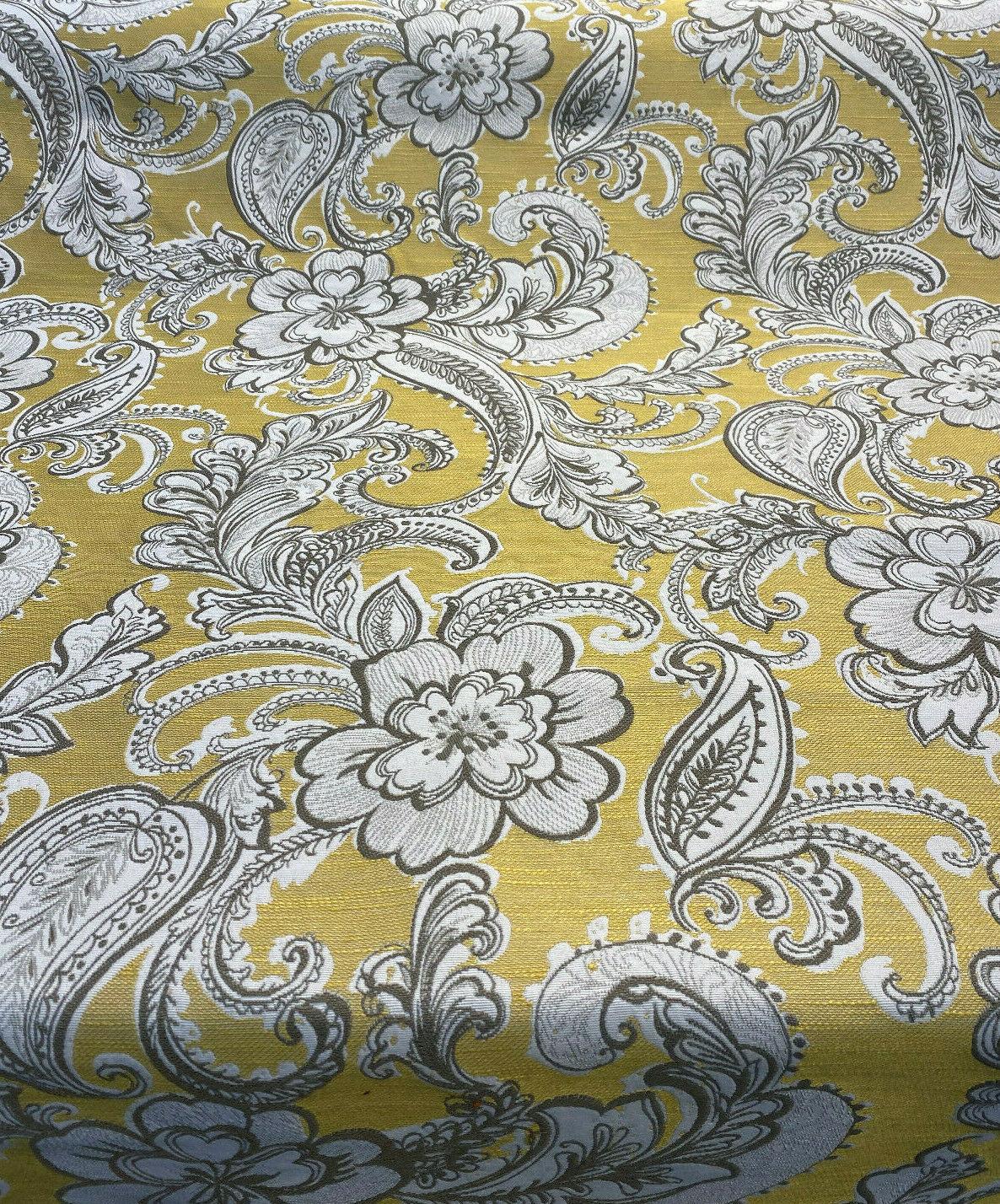 1 Yard Upholstery Chenille Fabric Paisley Life Yellow Golden Floral Brocade 100% Polyester 58 Inch Width