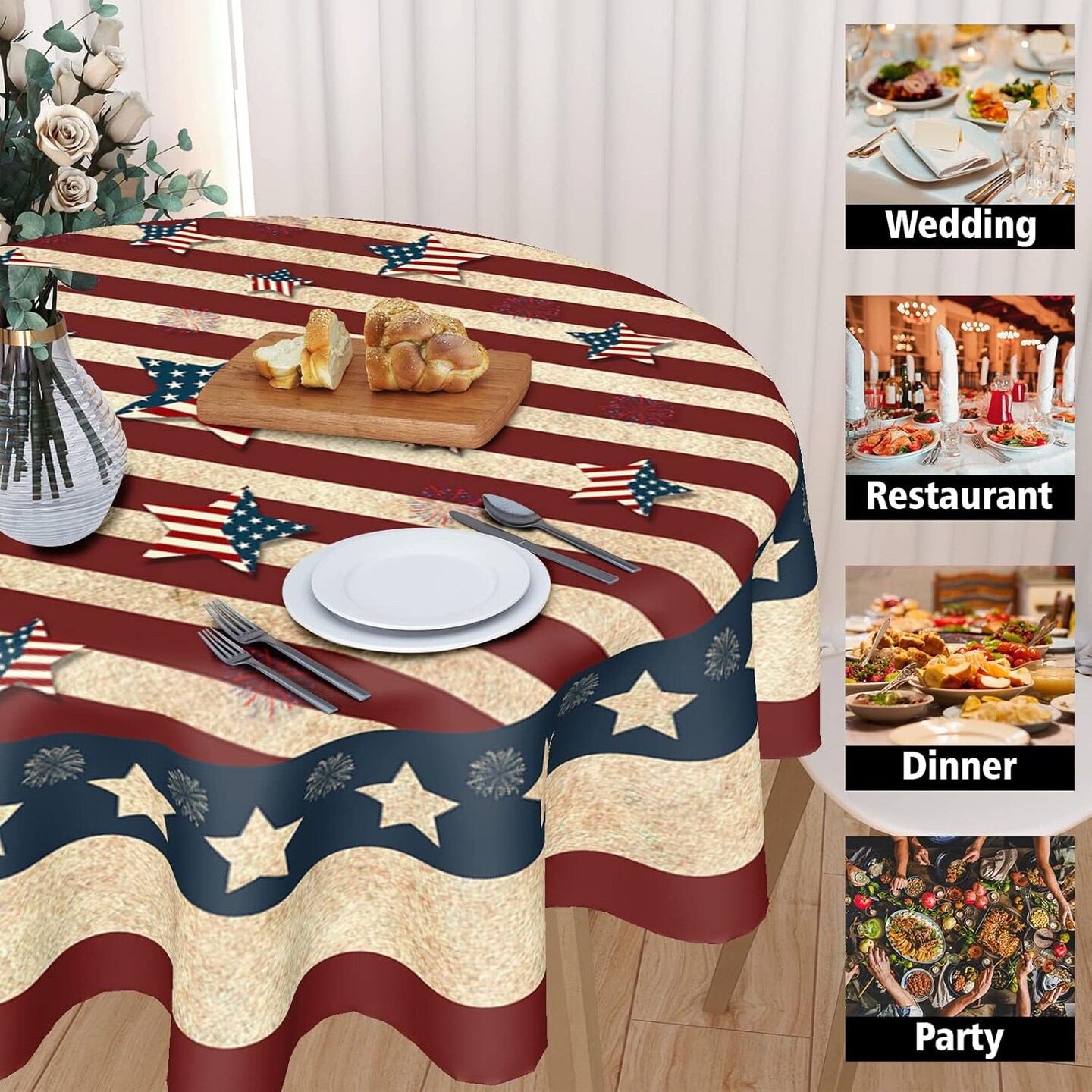 American Flag Tablecloth Round 60 Inch 4th of July Memorial Day Patriotic Table Cloth Wrinkle Resistant Rustic USA Independence Day Table Cover Decorative for Home Kitchen Dining Indoor Party Picnic