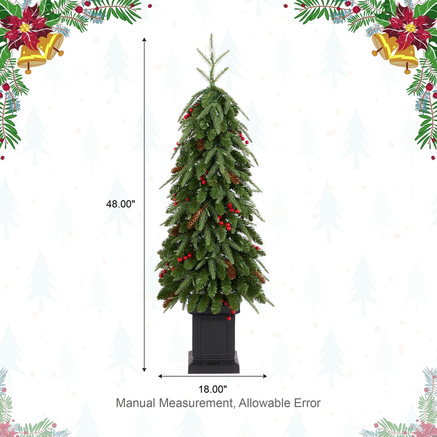 Set of 2/3 4/6/7FT Green Artificial Christmas Porch Tree with red berries,pinecones and warm white lights,3 function w/Foot Pedal