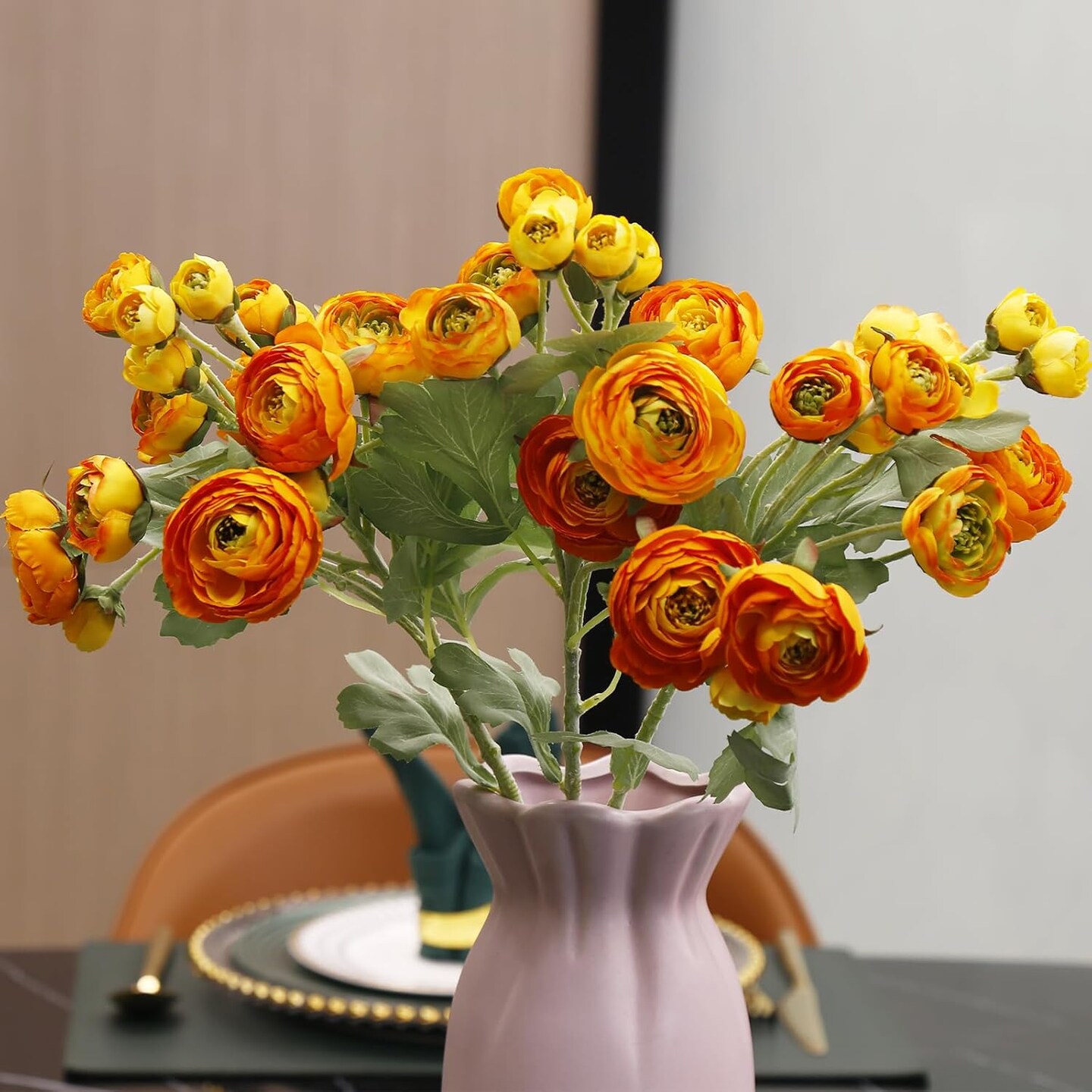 Mini Ranunculus Artificial Flowers Bulk 21.6&#x22;, 3 Pcs 36 Heads Faux Silk Ranunculus Bouquets for Home Decor Indoor, Long Stems Fake Flowers for Wedding Centerpiece. (Orange Yellow)