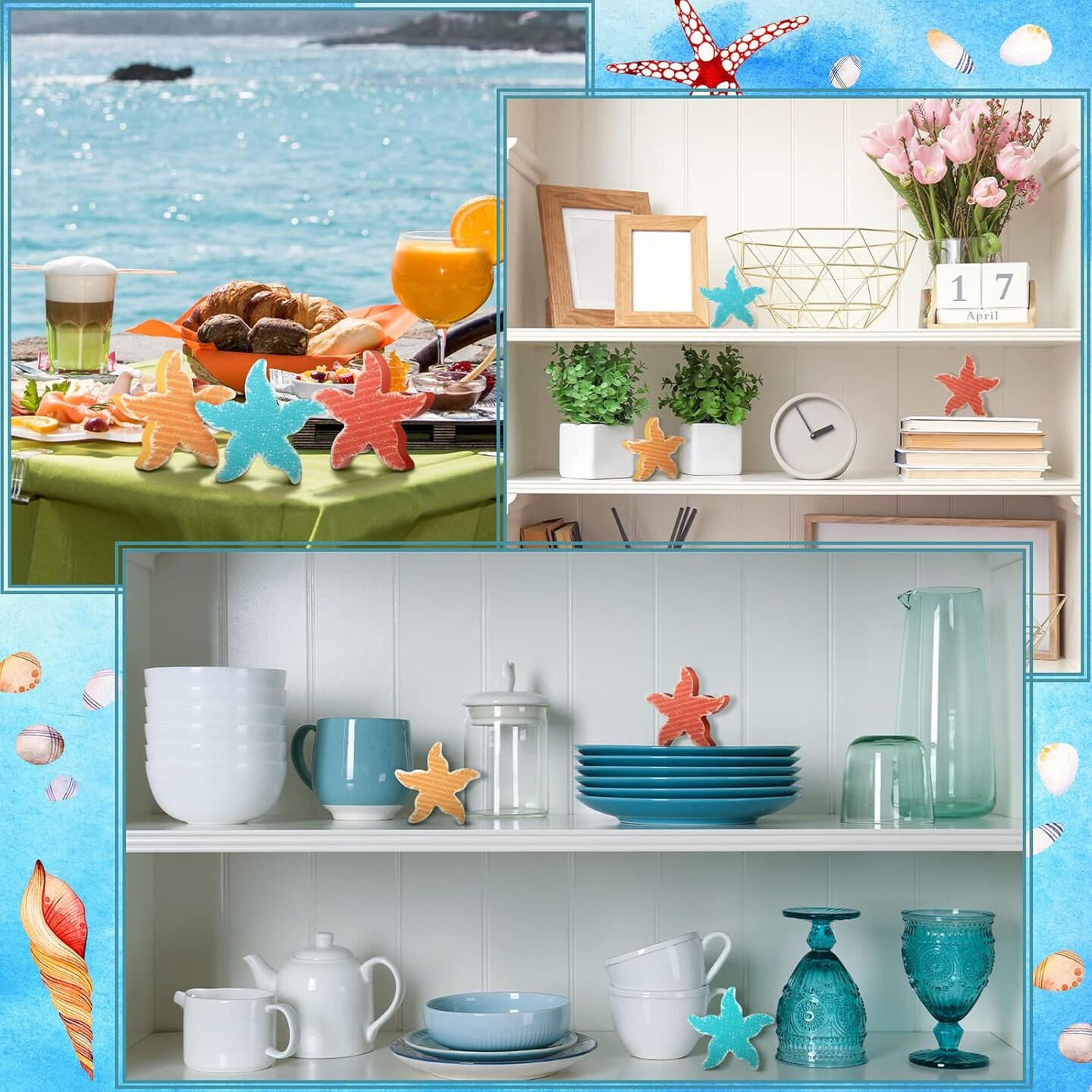 3 Pcs Ocean Beach Tabletop Decor Items Mini Summer Wooden Sign Set Farmhouse Rustic Wood Decorative Nautical Baby Shower Decorations for Home Office Bedroom Table Shelf Desk (Starfish)