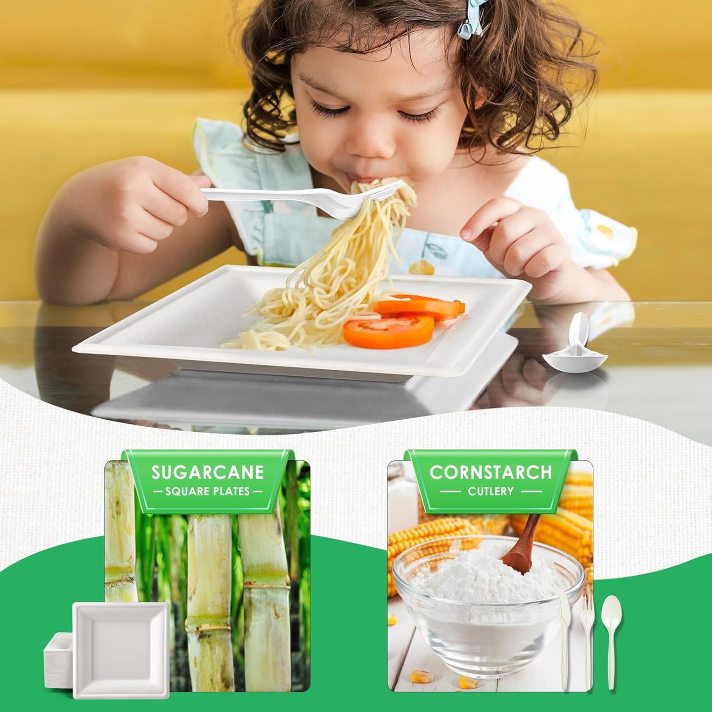 Compostable Paper Plates Set 300pcs - 10 Inch Eco-friendly White Square Disposable Sugarcane Plates With Napkins and Biodegradable Heavy-duty Utensils for Party