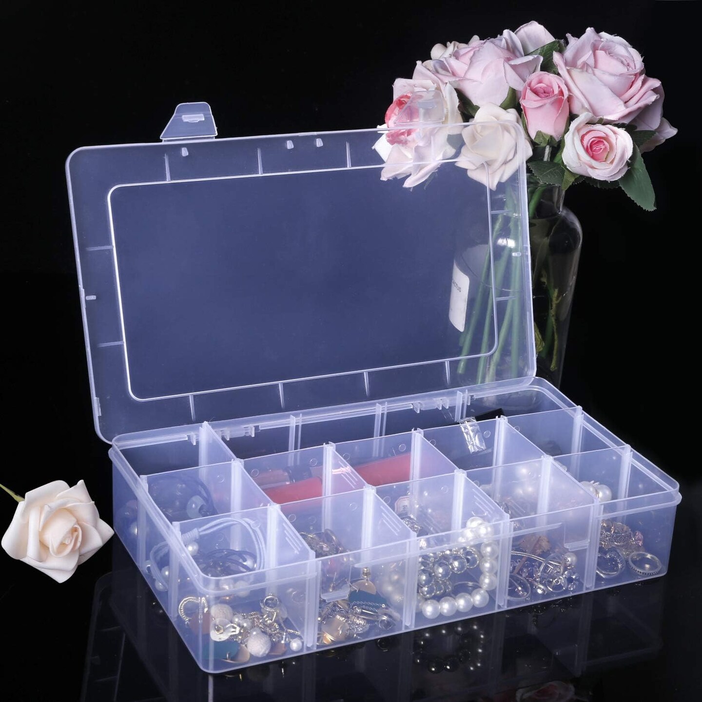 15-Grid Clear Plastic Jewelry Organizer – Large Storage Box with Removable Dividers for Jewelry, Beads, Crafts & Accessories (Clear)