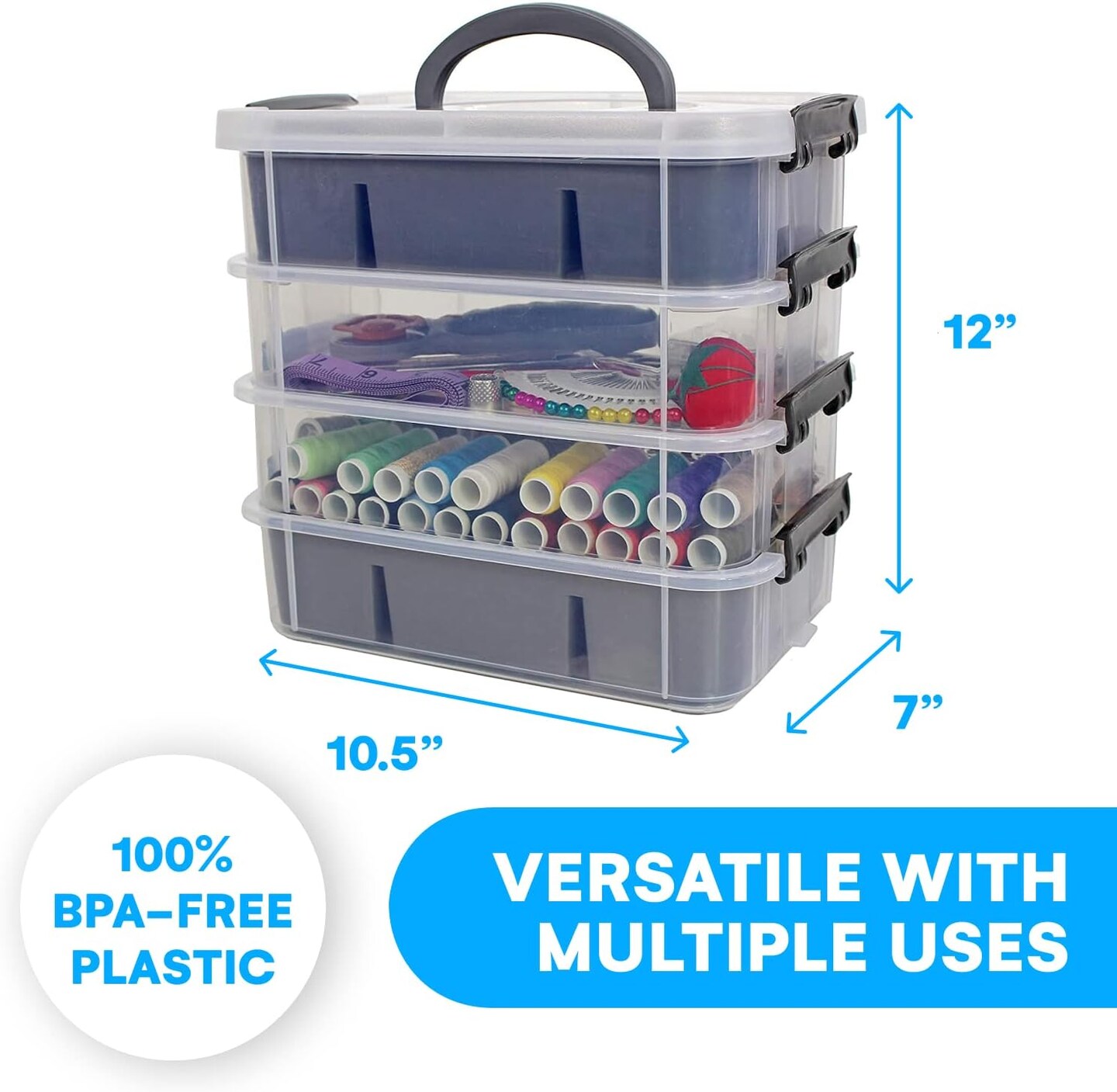 Bins &#x26; Things Stackable Storage Container with 2 Trays - Gray Craft Storage/Craft Organizers and Bead Organizer Box/Art Supply