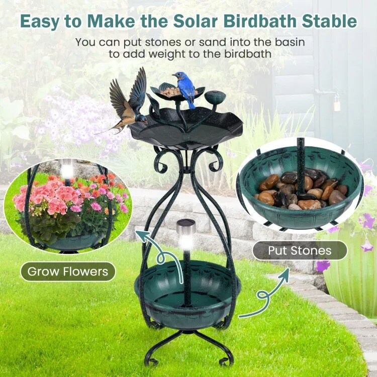 Solar Outdoor Bird Bath &#x26; Feeder Combo with Flower Planter