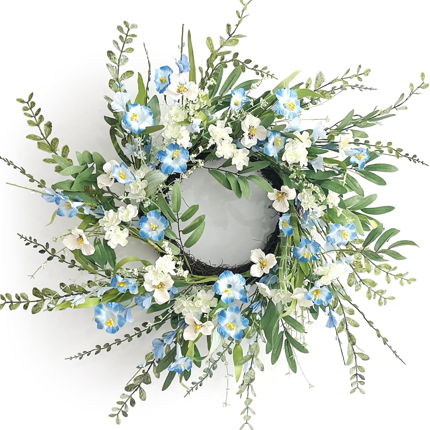 Spring Summer Wreaths for Front Door, 24 Inch Summer Wreath with Blue White Wildflower, Wreath for Farmhouse Outdoor Porch Home Wall