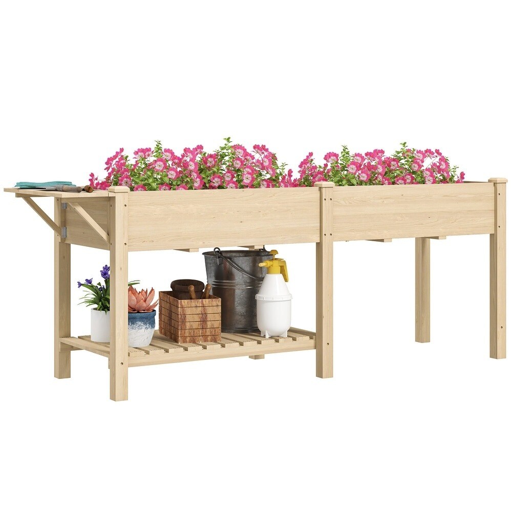 Wood Raised Garden Bed with Side Table, Bottom Shelf &#x26; Drainage Hole