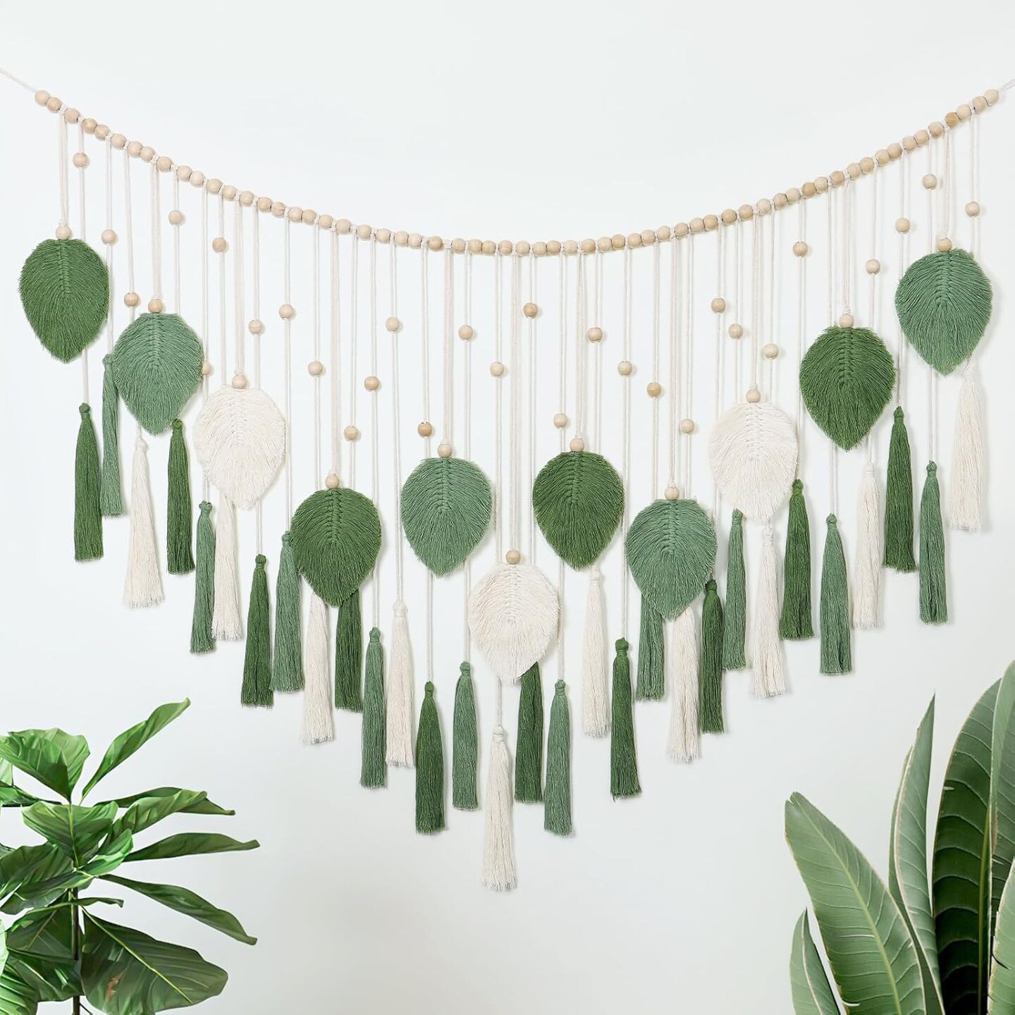 Large Boho Macramé Wall Hanging – Handmade Woven Tapestry with Wood Beads, Leaf & Feather Design in Beige and Green, Chic Bohemian Wall Art for Bedroom, Living Room, Nursery, or Apartment, 51.2" W x 31.5" L