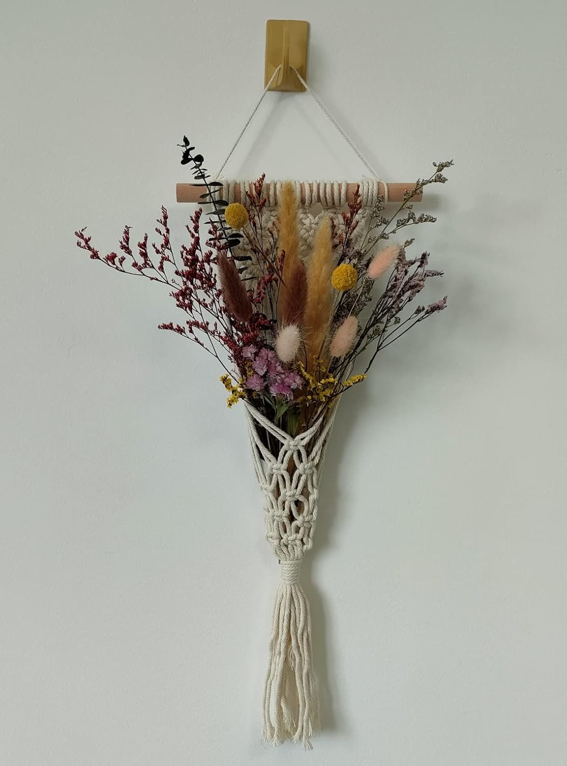 Boho Wall Hanging Dried Natural Flowers Decoration,Small Macrame Pampas Grass Preserved Green Eucalyptus Billy Balls Bunny Tail for Office Bedroom Apartment (A)