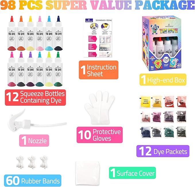12-Color Tie-Dye Kit – Pre-Filled, Non-Toxic Fabric Dye Set for Kids – Permanent Tie-Dye Art Kit for Easy and Fun DIY Clothing & Fabric Projects