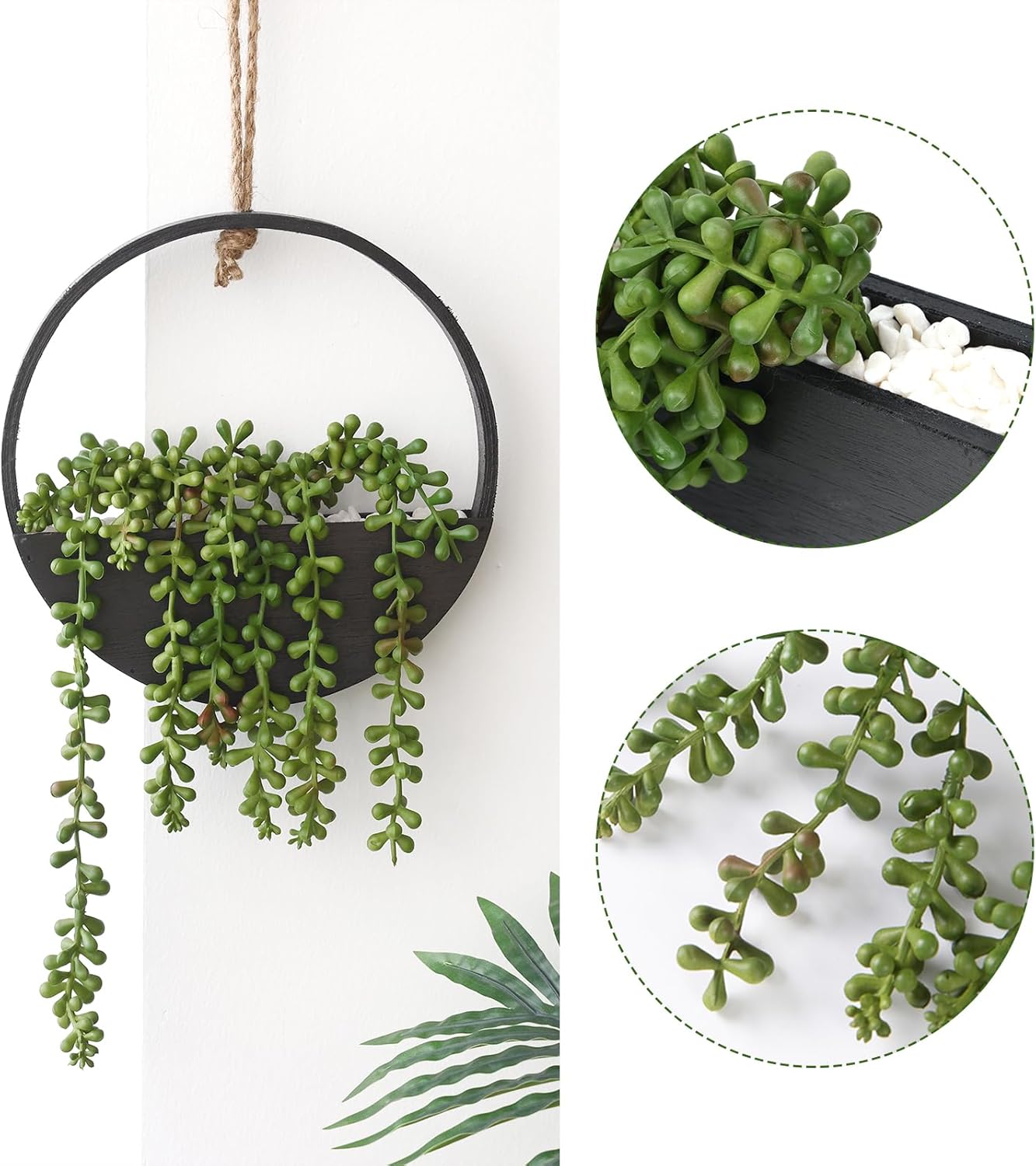2pcs Artificial Hanging Succulent Plants, Fake String of Pearls in Pot with Lanyard Boho Wall Decor for Bathroom Living Room Home Indoor Outdoor Decorations, Black