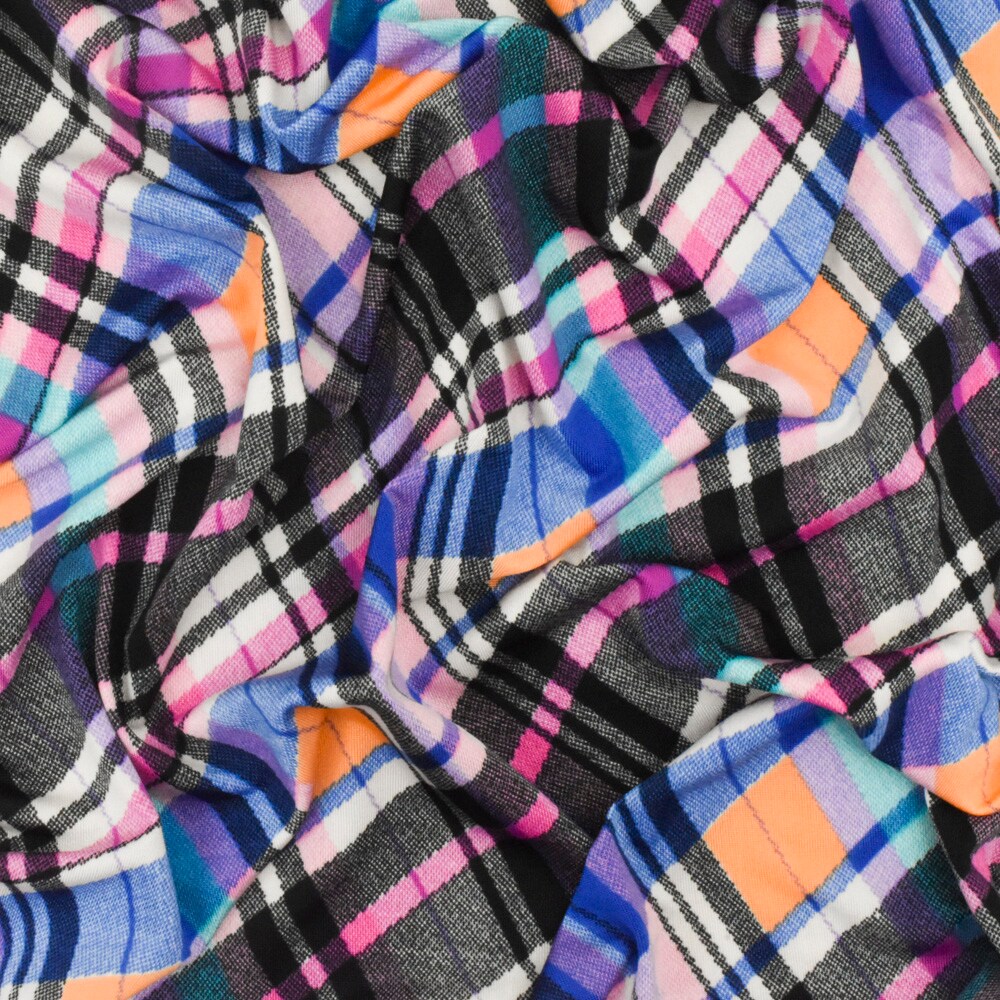 Black-Purple-Multi Plaid Printed Stretch Polyspan Jersey Knit Fabric By the Yard