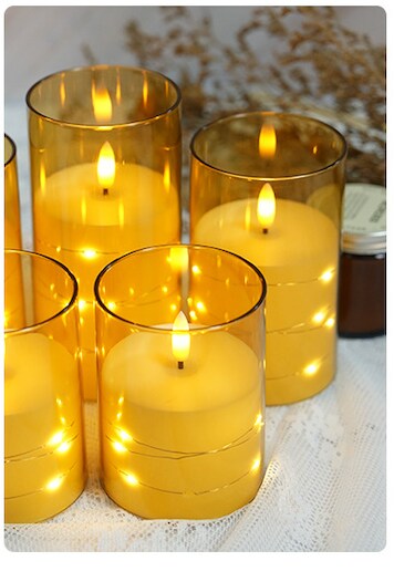 Designer&#x2019;s Shop CS-7301 Flameless LED candle with String Star Lights and Remote Control Timer. 5 pc packed, color : Gold