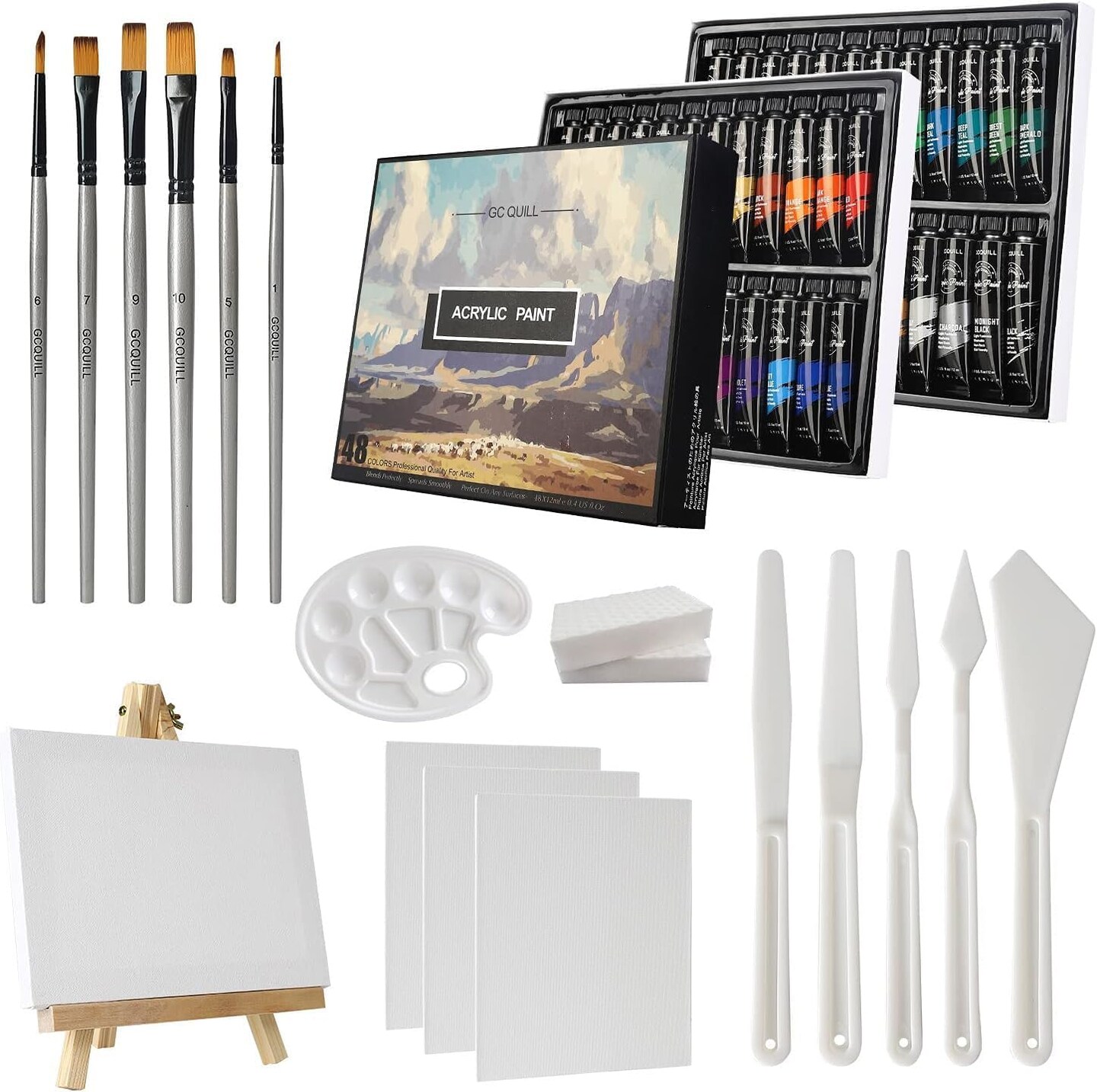 48 Acrylic Paint Set - 66pcs Painting Supplies with 48 * 12ml Tubes, Paint Brushes, Palette Knives, Canvas, Easel, Sponge, Palette for Artist Painting on Wood, Ceramics, Fabric, Crafts