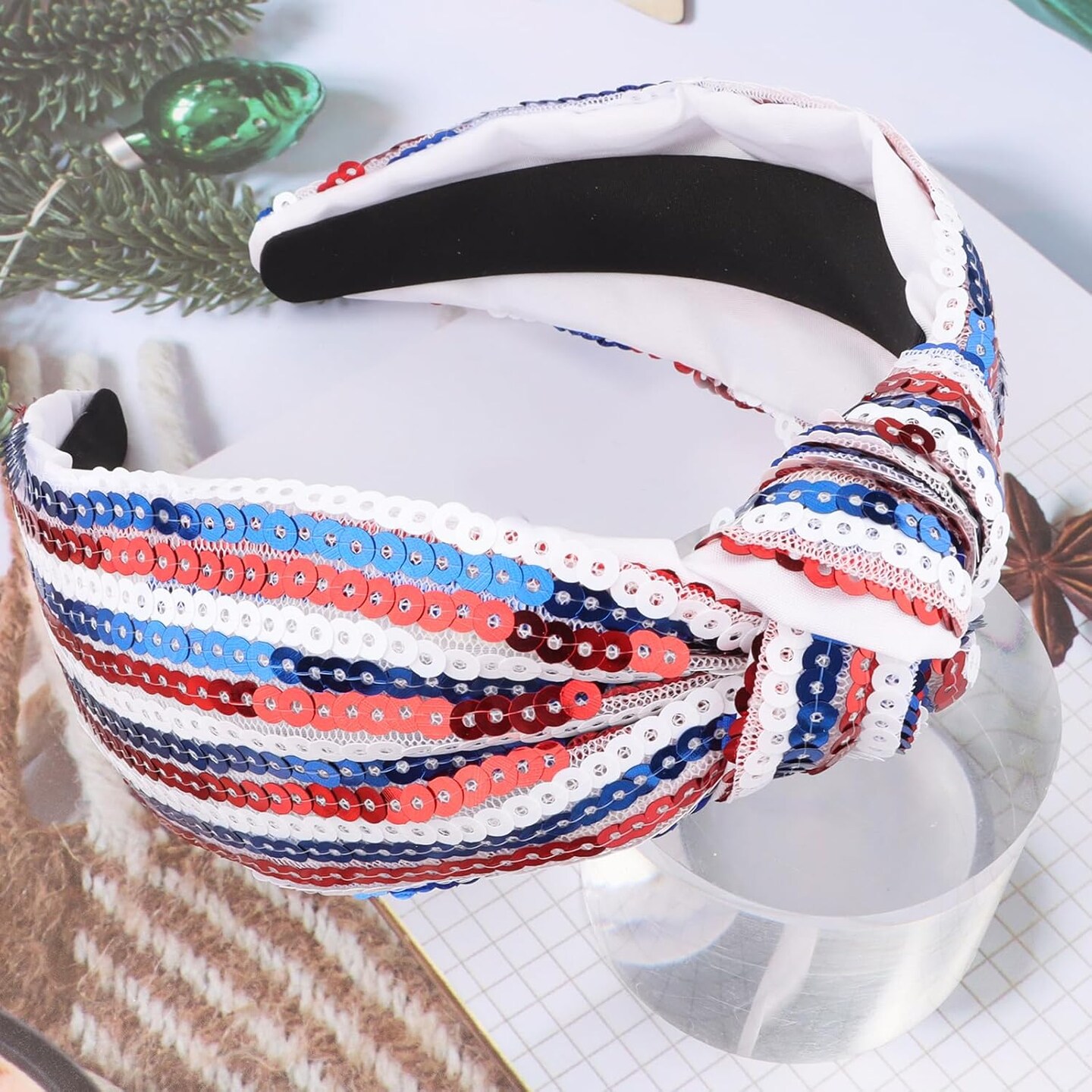4th of July Headband for Women American Flag Knotted Headband Red White and Blue Sequin Patriotic Hairband USA Independence Day Head Band Hair Accessories Gift