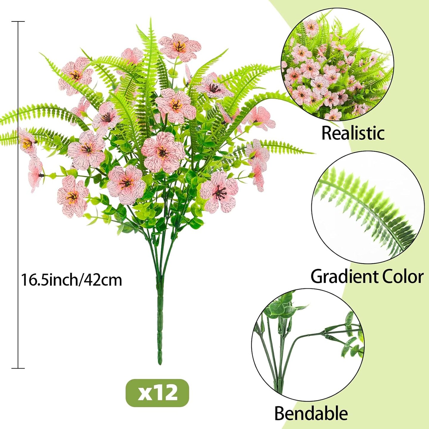 12-Bundle Artificial Outdoor Flower Set – UV-Resistant Faux Ferns and Greenery for Spring, Garden, Hanging Planters, Home, and Vase Decor (Pink)