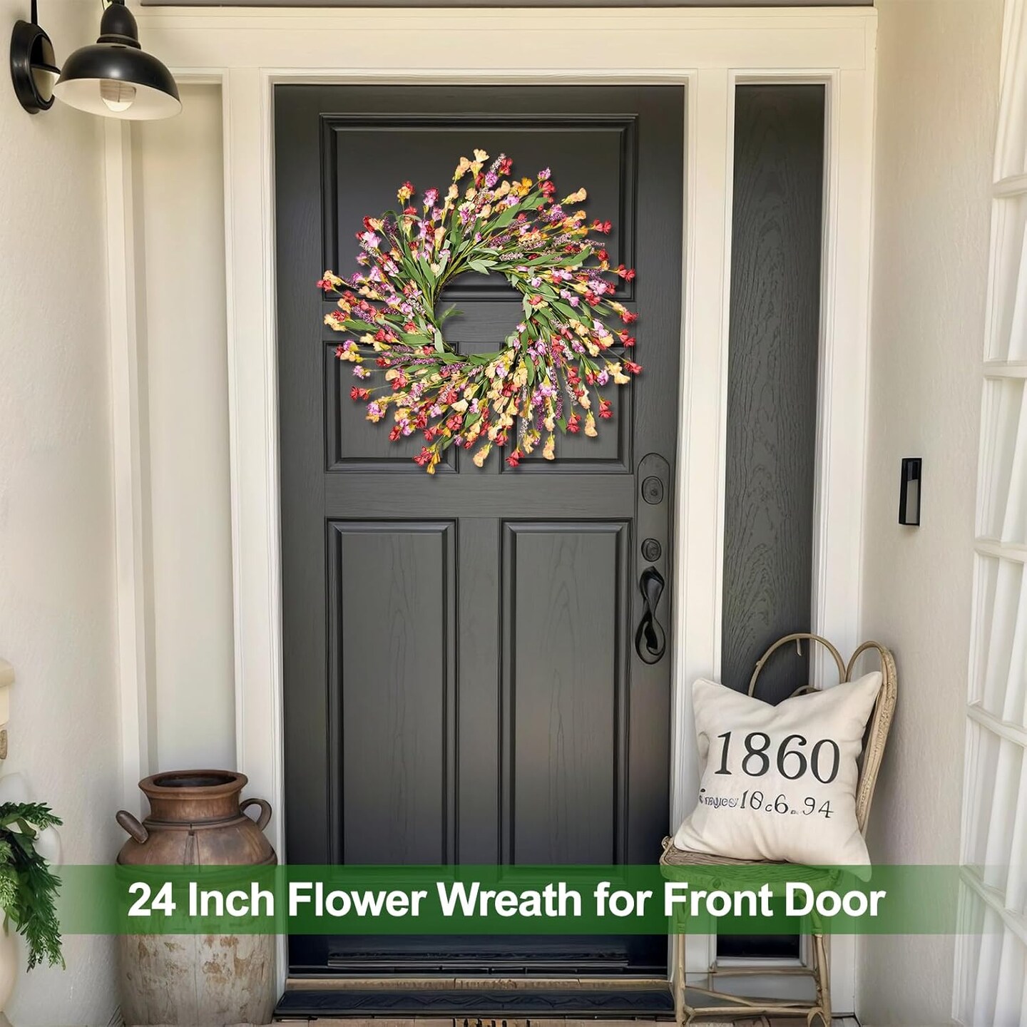 24&#x22; Spring Wreaths for Front Door Not Withering Artificial Floral Wreath with Wildflowers Summer Decorations for Indoor Outdoor Window Wall Farmhouse Porch Easter Home Decor Red Orange Purple