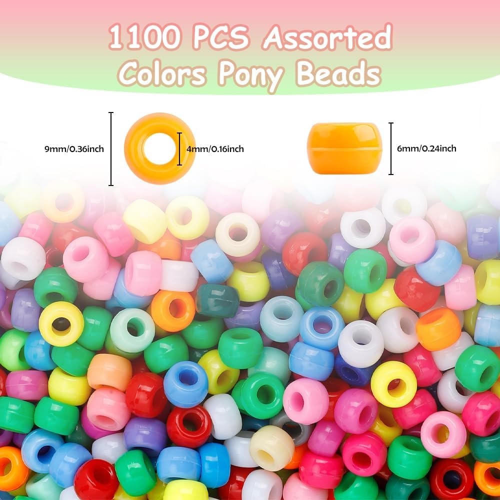 Pony Beads 1100 Pcs,Beads for Jewelry Bracelets Making,Bracelet Bead,Plastic Hair Beads for Braids for Girls for Craft,Gifts for Girls (Multicolored)