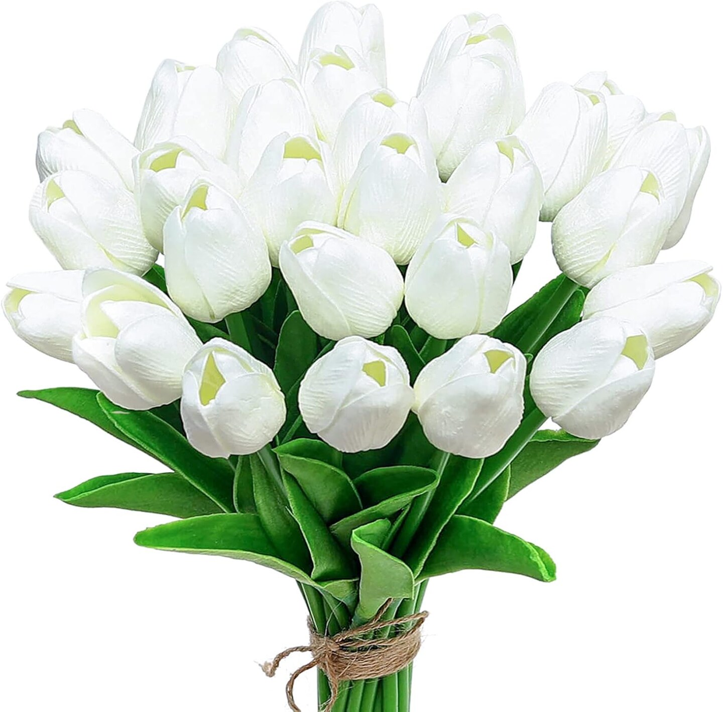 24 Pcs Artificial Silk White Tulips Faux Flowers with Stems for Home Wedding Hotel Office Centerpiece Decor Easter Decorations