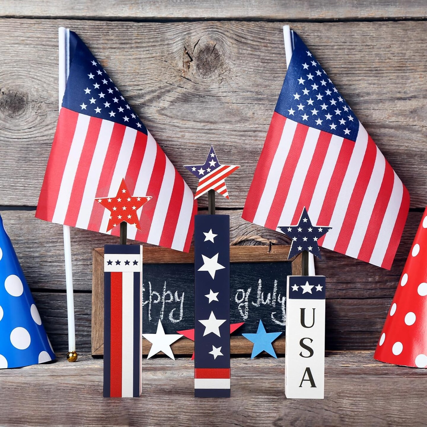 Wooden 4th of July Decorations Set, Red White Blue Decor, Patriotic Memorial Day Tabletop Decor, Labor Day Decorations, Fourth of July Decoration for Home Office Table (Flag Print)