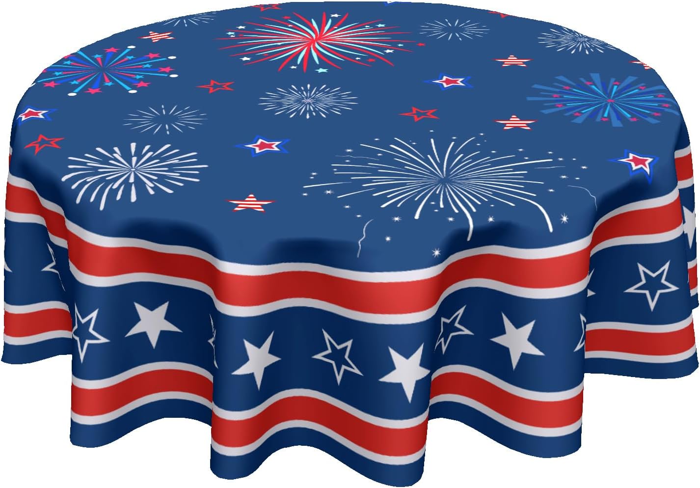 4th of July Tablecloth Round Patriotic Star Celebration Firework Table Cloths Circular Independence Day Table Cover Waterproof Polyester Tabletop for Dining Kitchen Party Decor 60 Inch