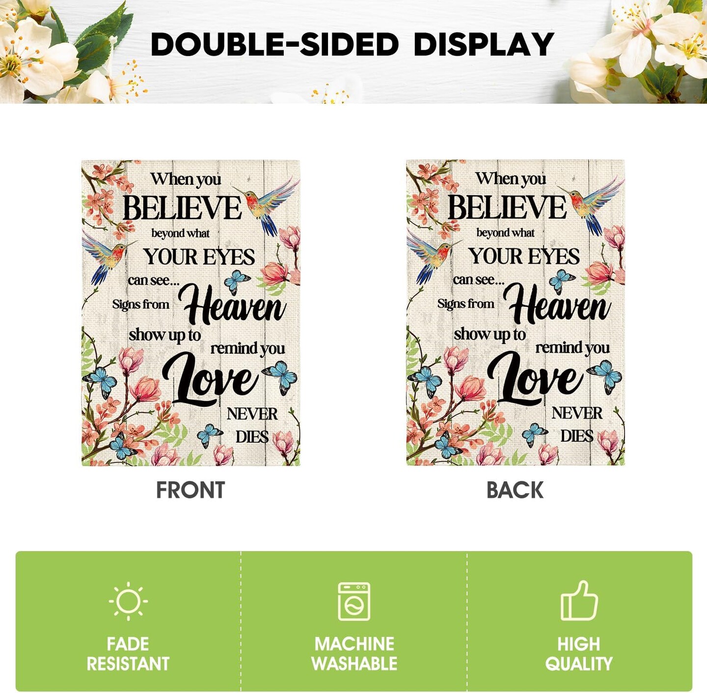 Hummingbird Memorial Garden Flag 12x18 Inch Double Sided Outside, Love Never Dies Memorial Day Gravesite Saying Spring Yard Outdoor Decoration