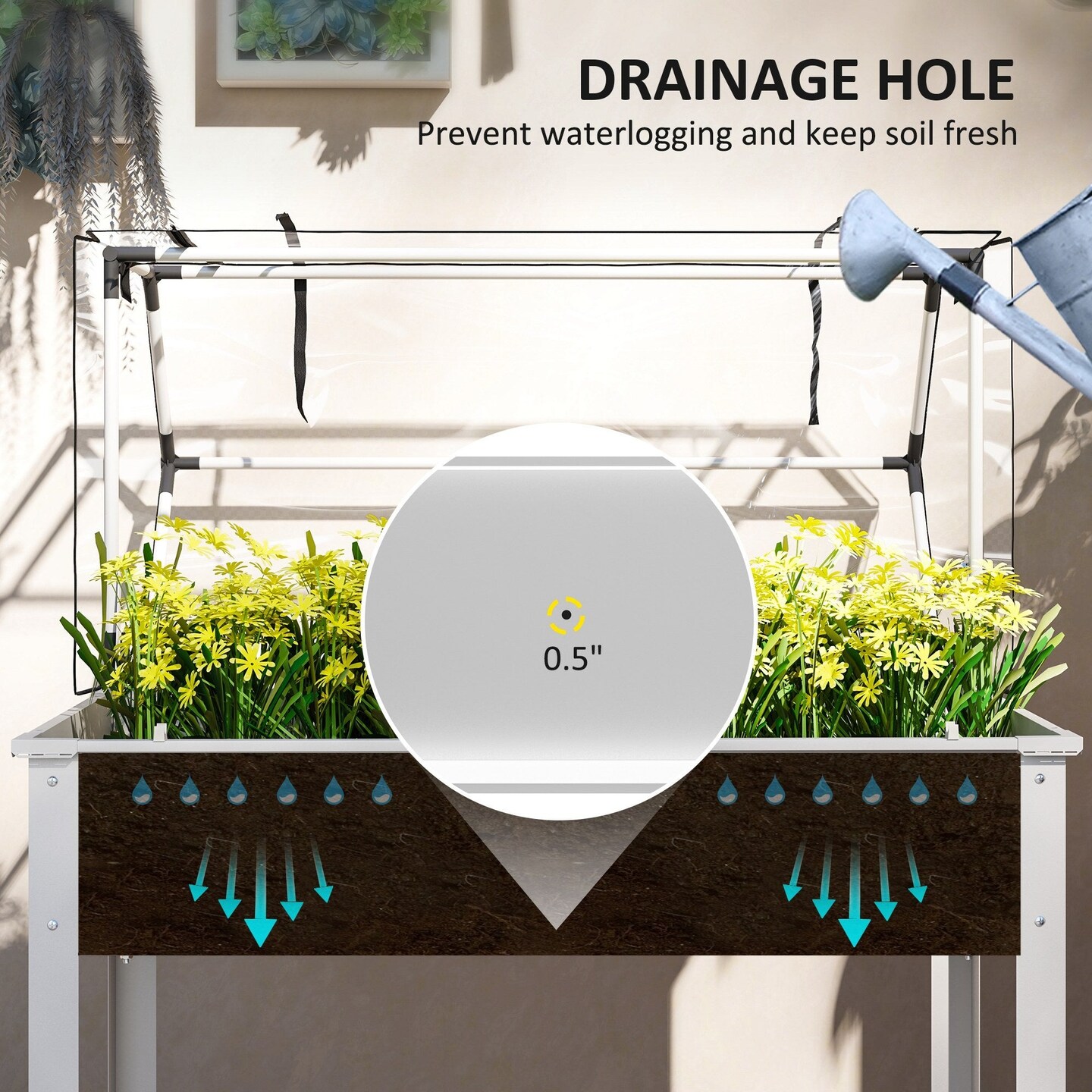 White Elevated Garden Box with Greenhouse Cover &#x26; Drainage Hole