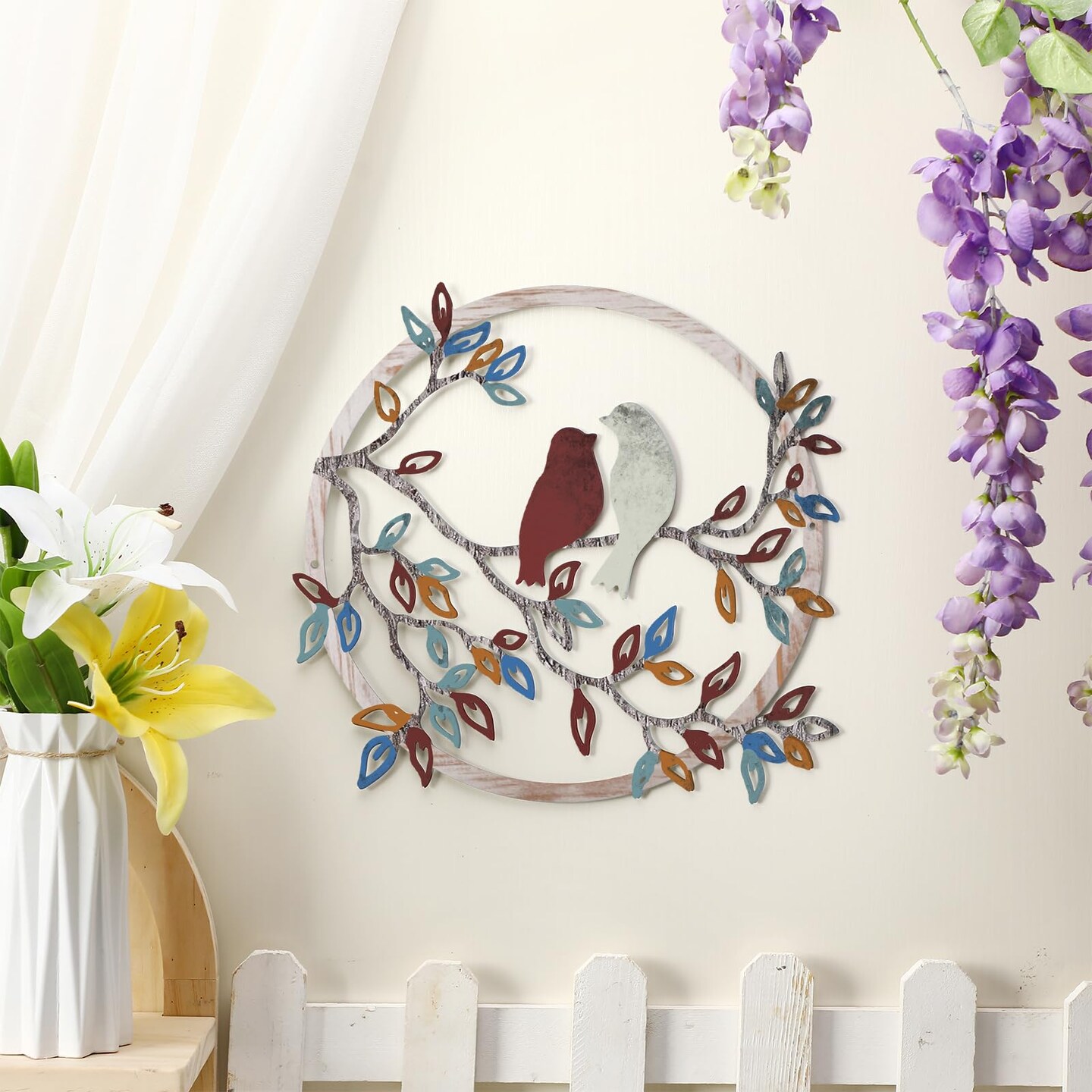 Metal Wall Art Bird on Tree Branch Silhouette Bird Art Decor for Living Room Garden Bedroom Office Home Wall Housewarming Party Decor(Vintage Color)