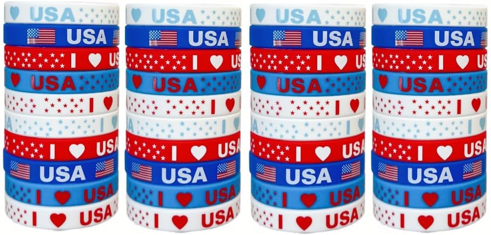 40pc 4th of July Accessories Rubber Bracelets, American Flag Silicon Bracelet,Red White and Blue USA Accessories, Patriotic Party Favor for Veterans Day, Independence Day Gift, Memorial Day Wristband