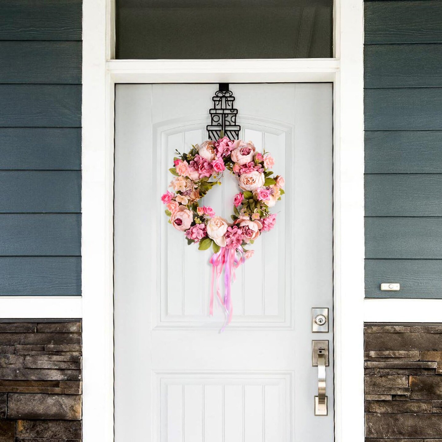 Artificial Peony Flower Wreath - 15" Pink Flower Door Wreath with Green Leaves for Spring