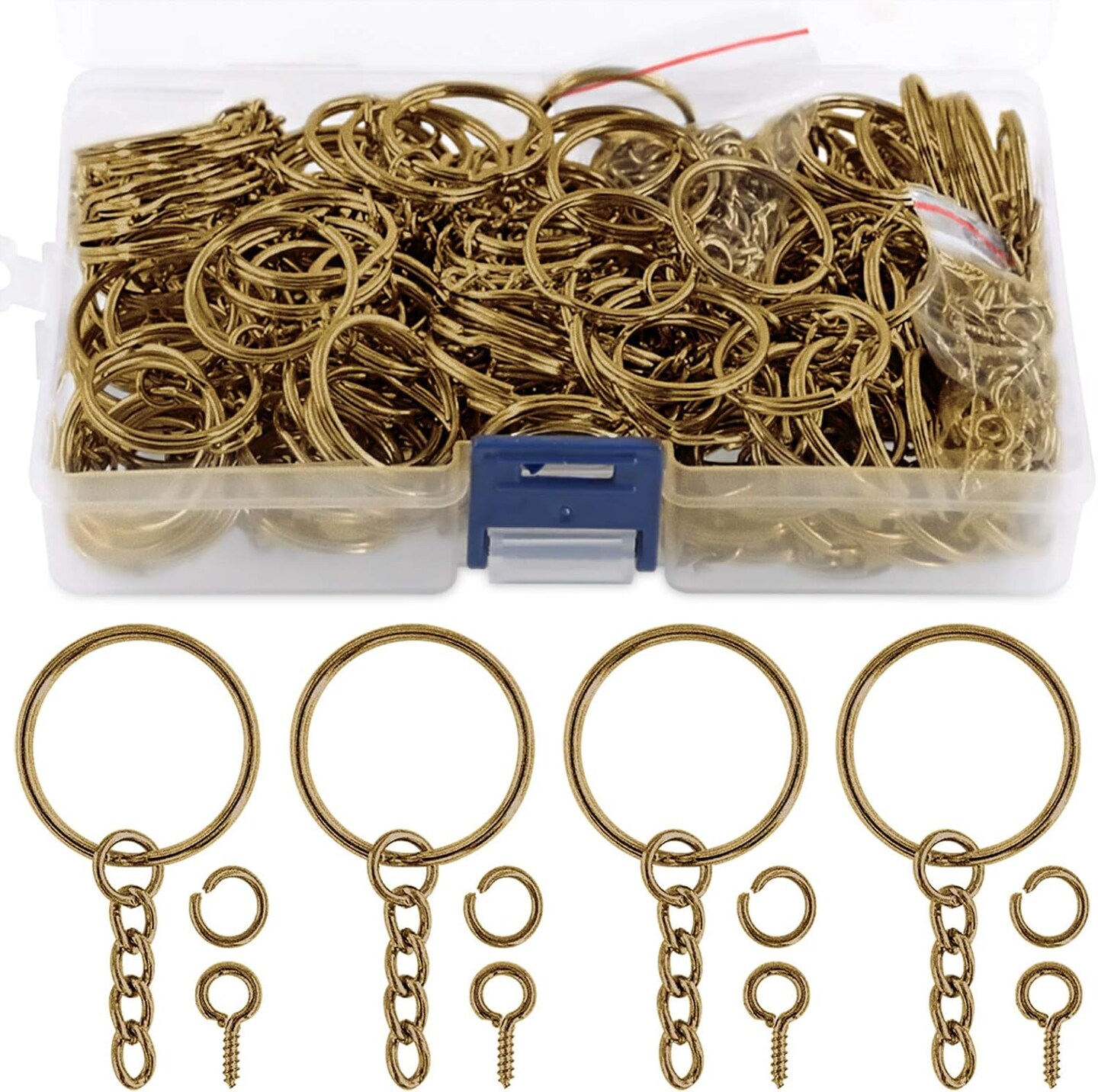 450-Piece 1-Inch (25 mm) Bronze Flat Keychain Ring Kit – Includes 150 split key rings with chains, 150 jump rings, and 150 screw eye pins for jewelry and craft projects.