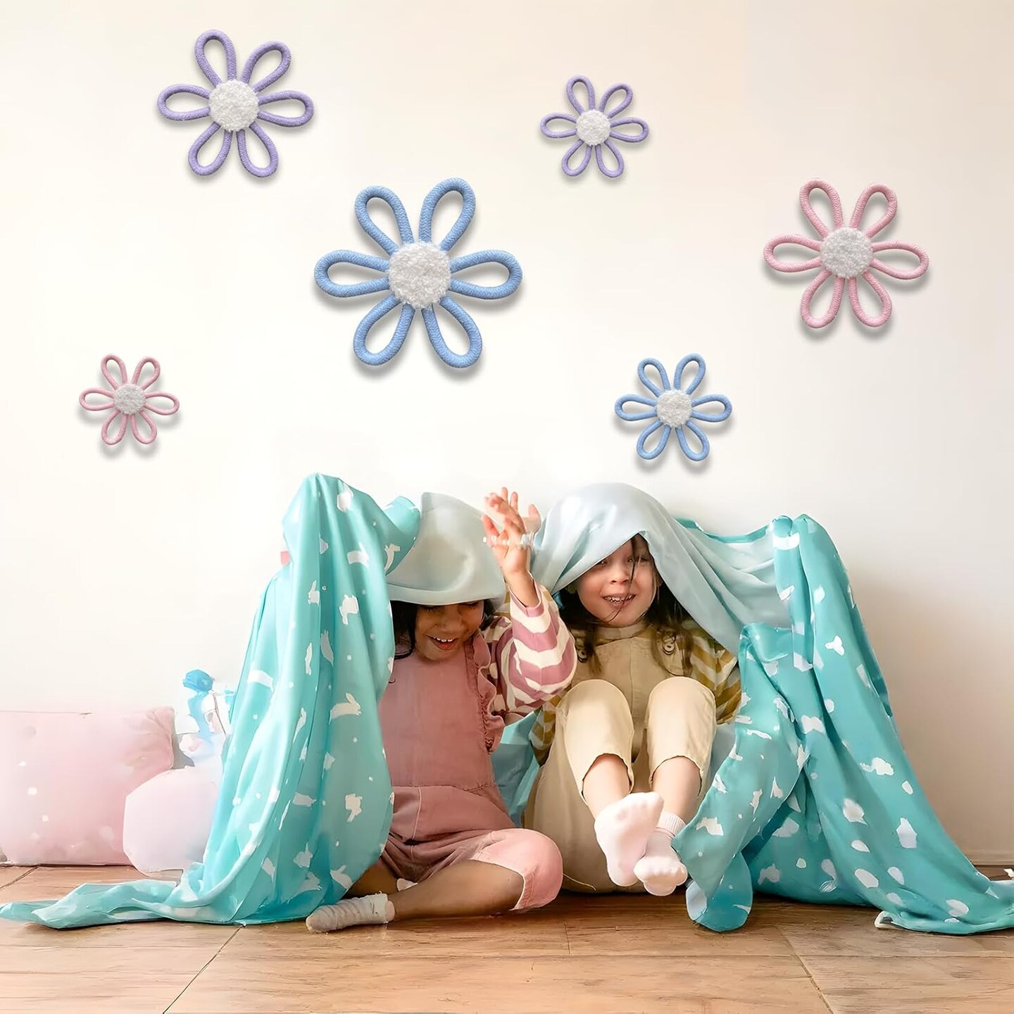 6 Pcs Boho Daisy Nursery Wall Decor Set - Handwoven Macrame Wall Hanging Art with Cotton Rope &#x26; Yarn, Floral Bohemian Room Decor for Girls Bedroom, Baby Room, Dorm (Pink, Blue and Purple)