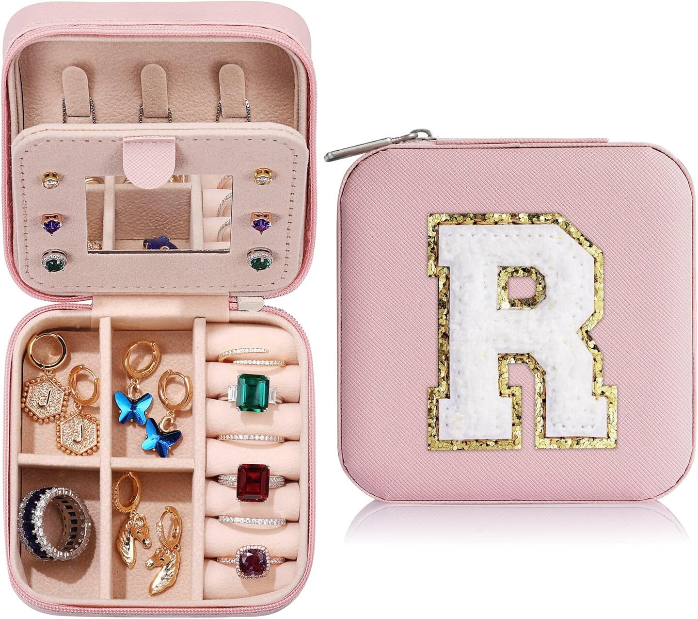 Small Jewelry Box for Girls, Travel Initial Jewelry Box for Girls | Small Jewelry Organizer Box | Travel Jewelry Case Jewelry Box Organizer | Mini Travel Jewelry Box - Letter R, Pink