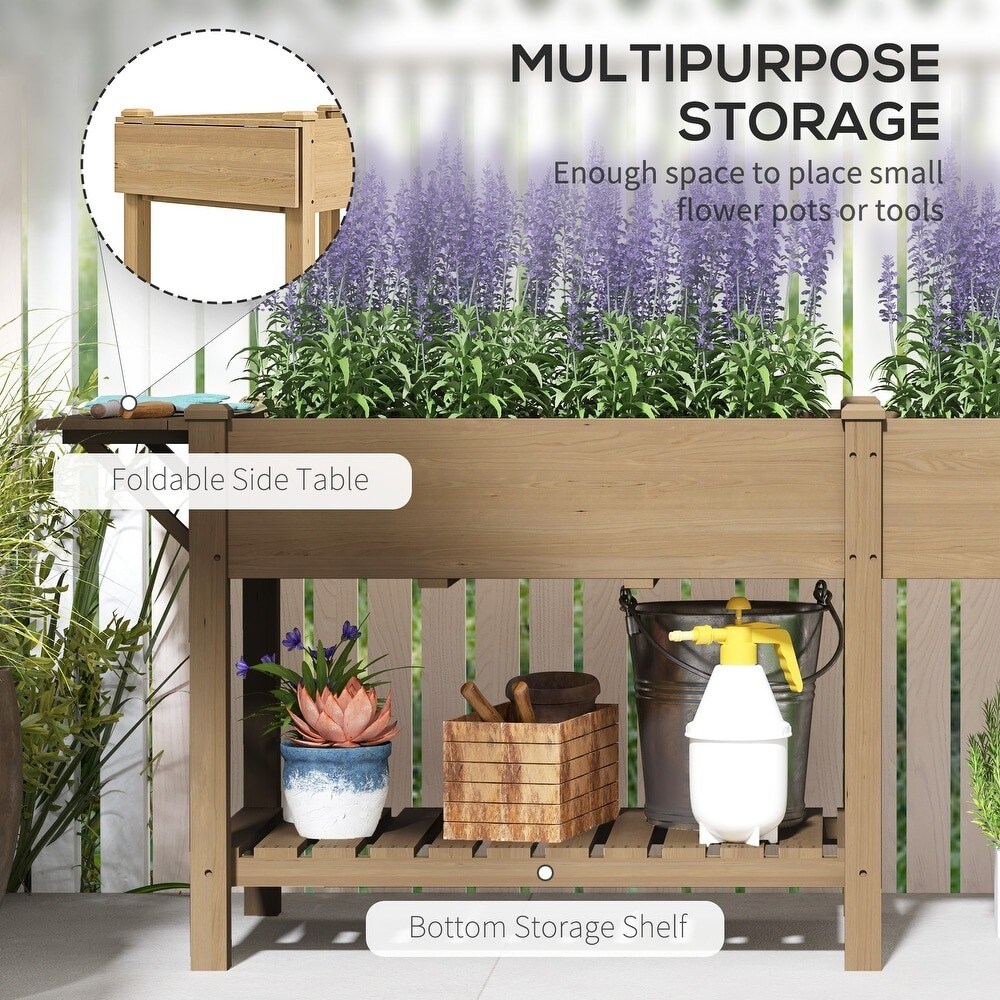 Wood Raised Garden Bed with Side Table, Bottom Shelf &#x26; Drainage Hole