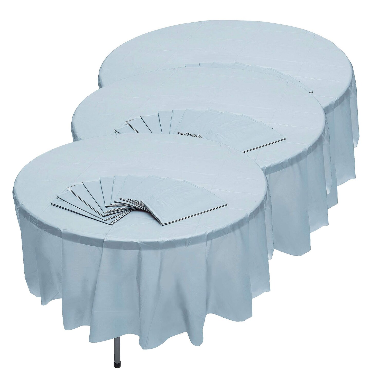 6 Ft. 10&#x22; Bulk 12 Pc. Light Blue Round Disposable Plastic Tablecloths
