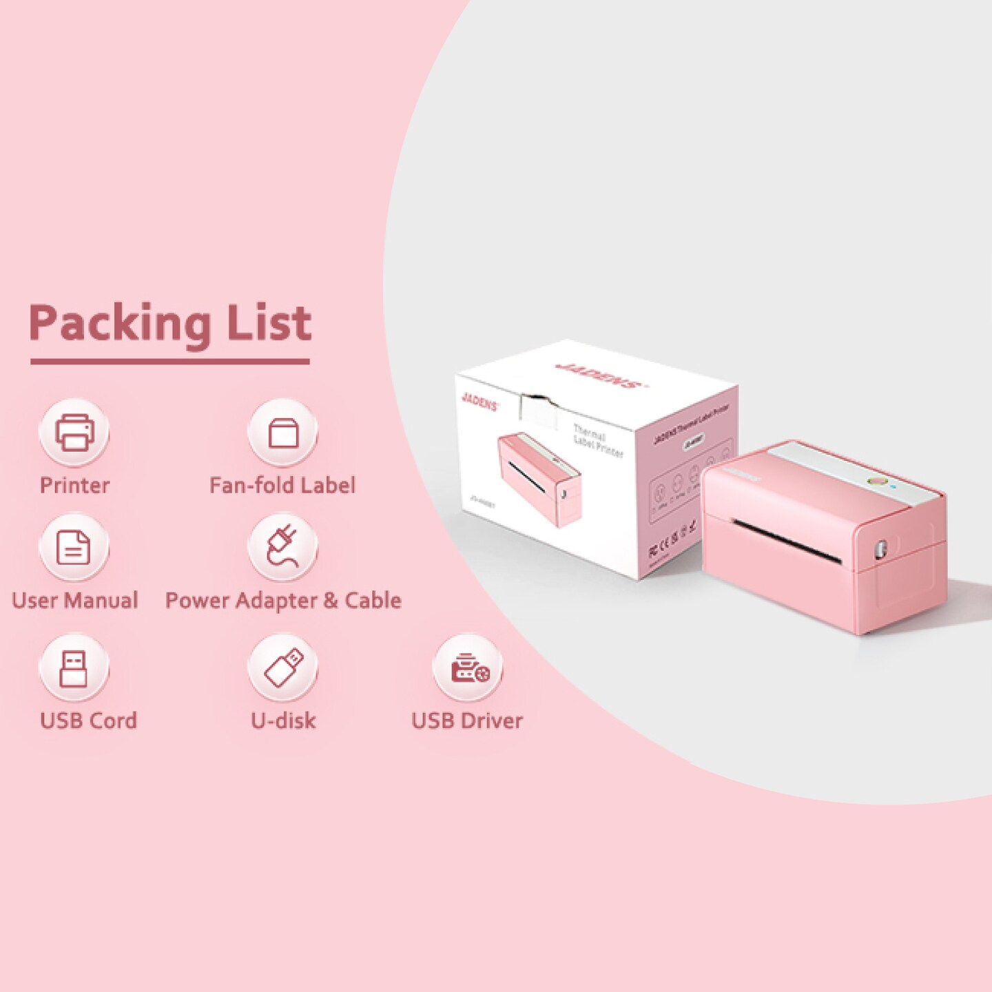 JADENS® Bluetooth Pink Thermal Label Printer 4x6 Wireless Shipping Label Maker for Small Businesses