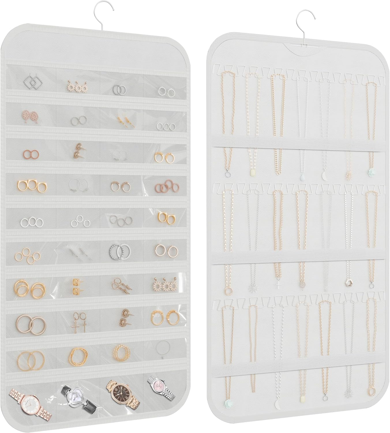 Hanging Jewelry Organizer Storage, 40 Pockets 36 Hooks Necklace Earring Necklace Bracelet Ring Organizer, Double - Sided Design, White