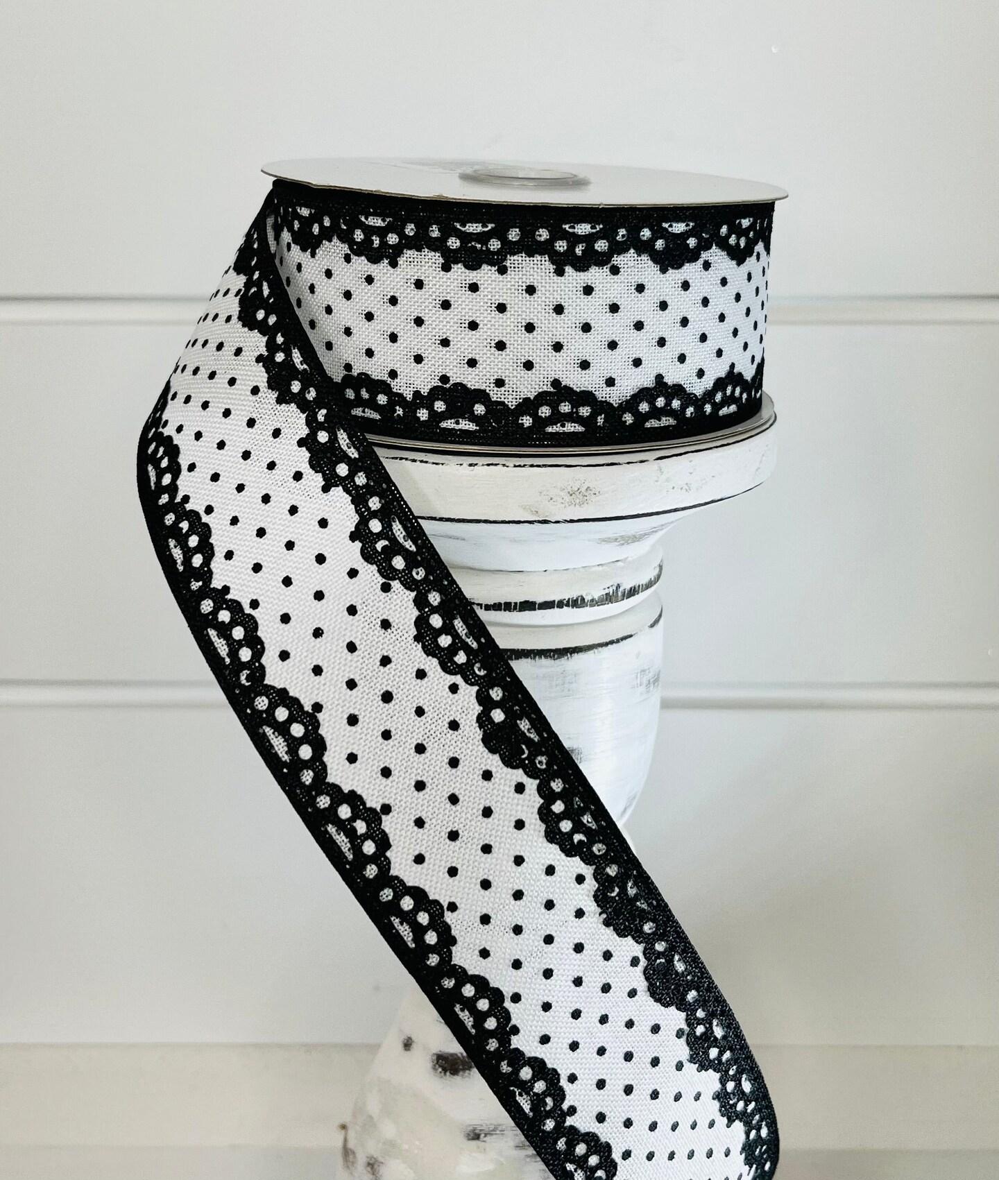 1.5&#x22;x10YD Black/White Raised Swiss Dot Lace Wired Ribbon - Elegant Texture for Timeless Crafts and Decor-RG08817L6