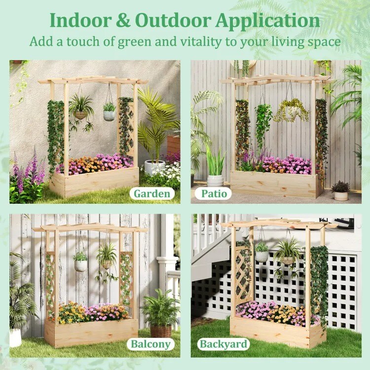 Wooden Raised Garden Bed Planter Box with Trellis and Hanging Roof