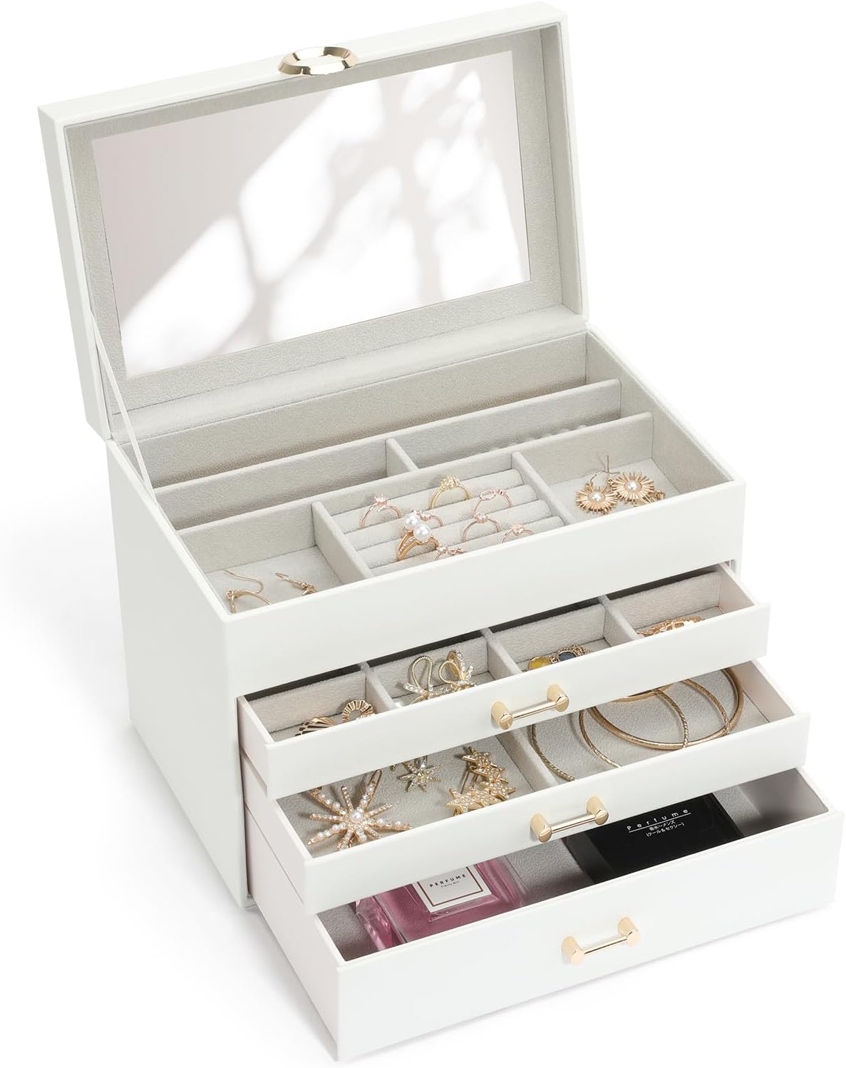 Jewelry Box with Mirror,Jewelry Holder Organize with 3 Drawer,4-Layer Jewelry Box for Women Girls,Large Jewelry Storage Box. (White