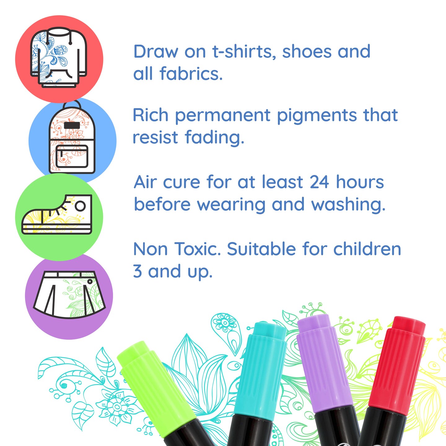 Super Markers 60 Unique Primary, Pastel, Neon Colors Dual Tip Fabric &#x26; T-Shirt Marker Set - Double-Ended Fabric Markers with Chisel Point and Fine Point Tips