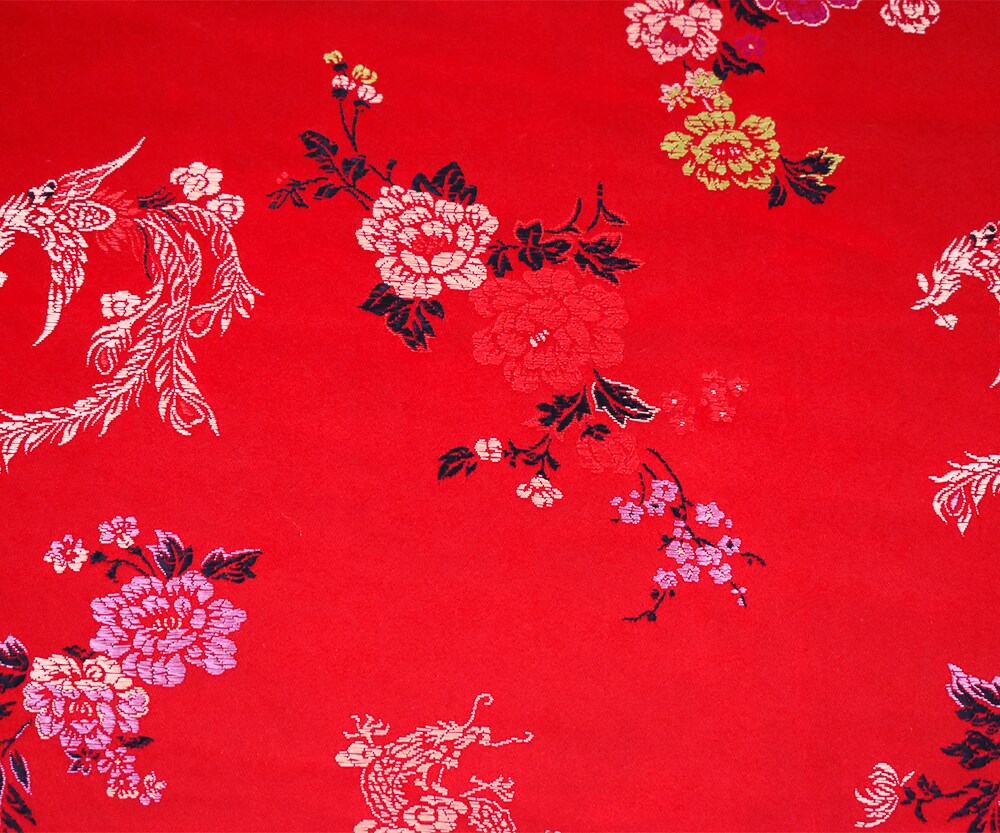 Red-Black-Multi Polyester Floral Dragon Chinese Brocade Woven Fabric By the Yard